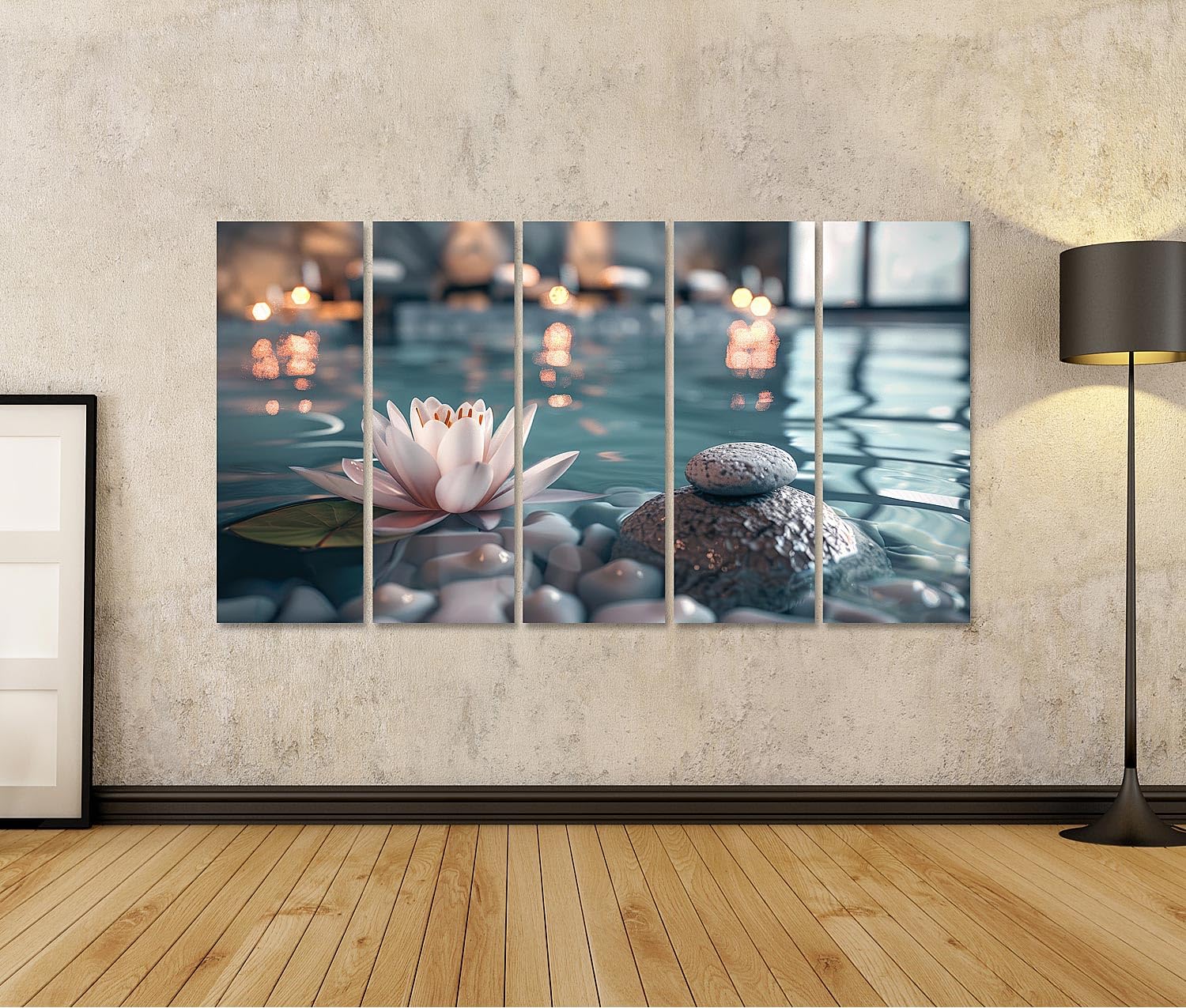 islandburner Quadro su tela calmante: pietre Zen, piscina tranquilla e ninfee per atmosfera spa, sala massaggi, spa e benessere