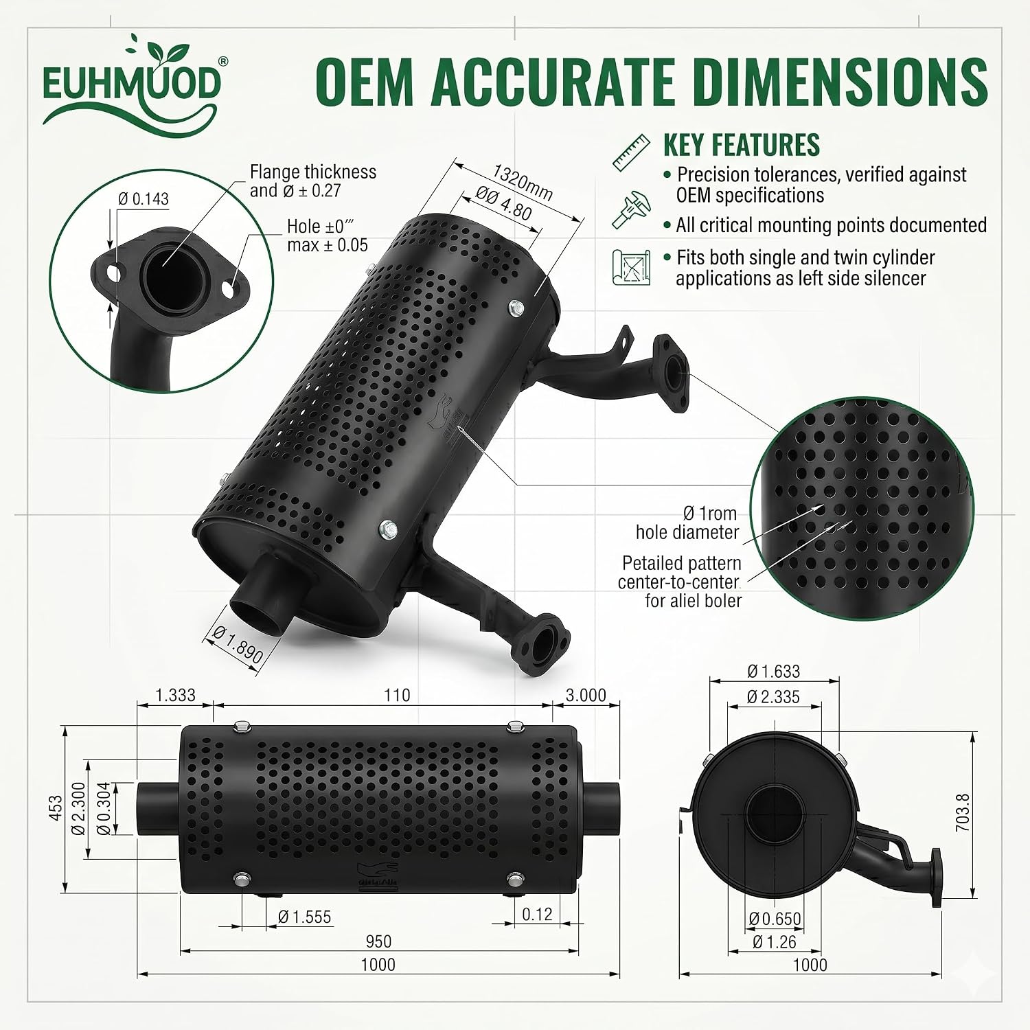 Engine Muffler, Replacement Part 18310-Z6L-003 | Compatible with Honda GX630 GX660 GX670 GX690 V-Twin Engines, Left Side Exhaust Silencer for Generator, Water Pump, Lawnmower