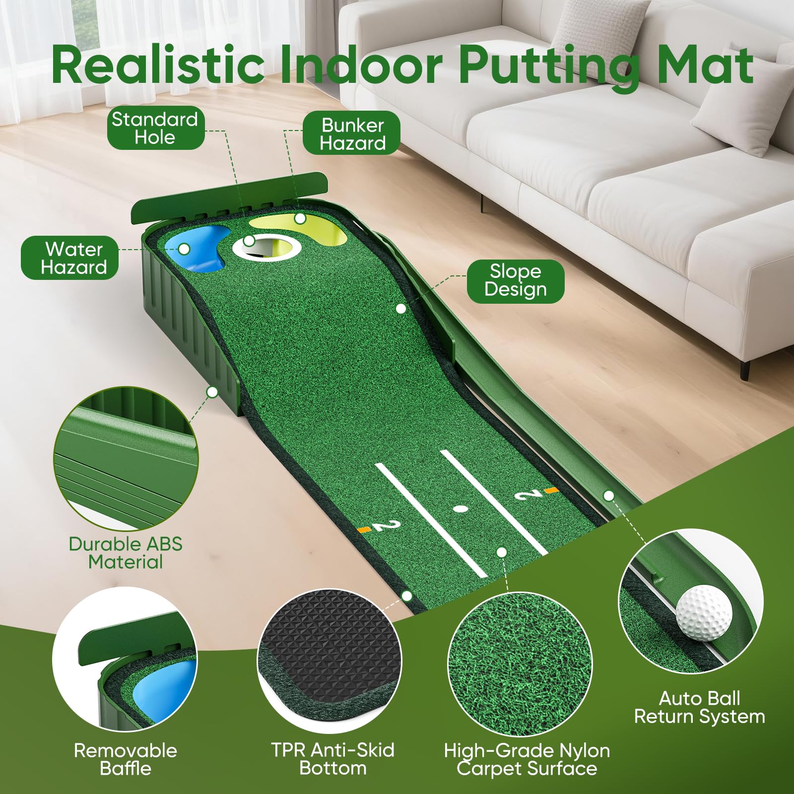 WildFun Tappetino per il putting green da golf con porte e specchio per il putting, tappetino per il putting da golfs per uomini che giocano a golf a casa o in ufficio