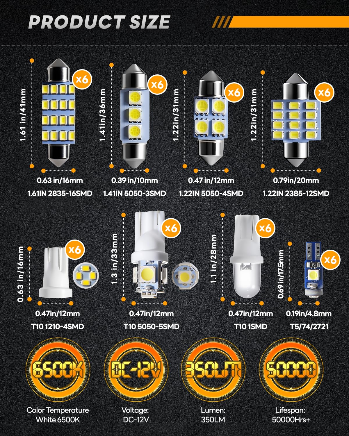 48Pcs Led Interior Car Lights Kit, Premium Bright White Led Bulb (194 T10 T5 De3175 578 31mm 42mm) | Dome Map Dash Door License Plate Tail Light Bulbs, Interior Lights for Cars, Trucks, Rv, Boat
