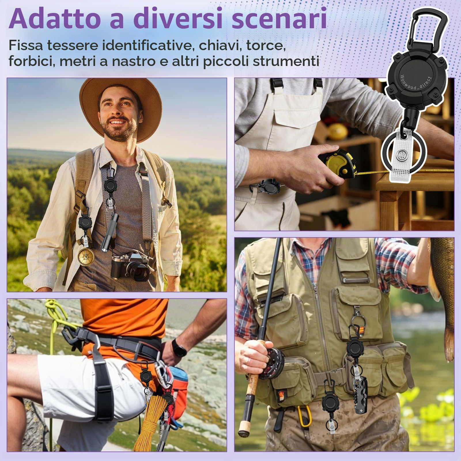 Porta badge retrattile 2 pezzi portachiavi allungabile filo acciaio 80 cm per campeggio escursionismo