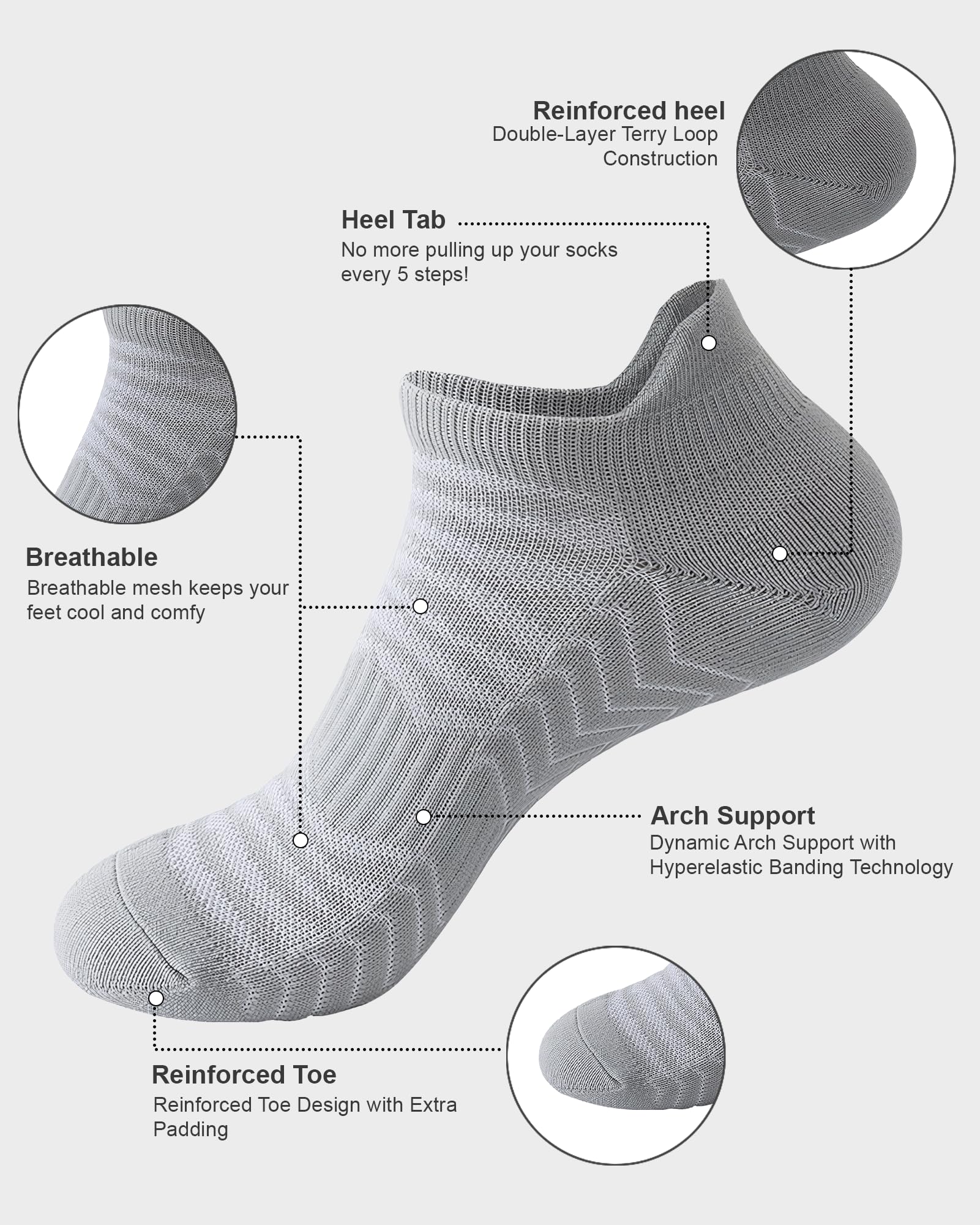 Vanturex Anti-Slip Ankle Socks 6 Pairs - Men's/Women's Cushioned Athletic Socks with Arch Support & Breathable Mesh for Gym (US, Alpha, Large, Regular, Regular, 6, black)