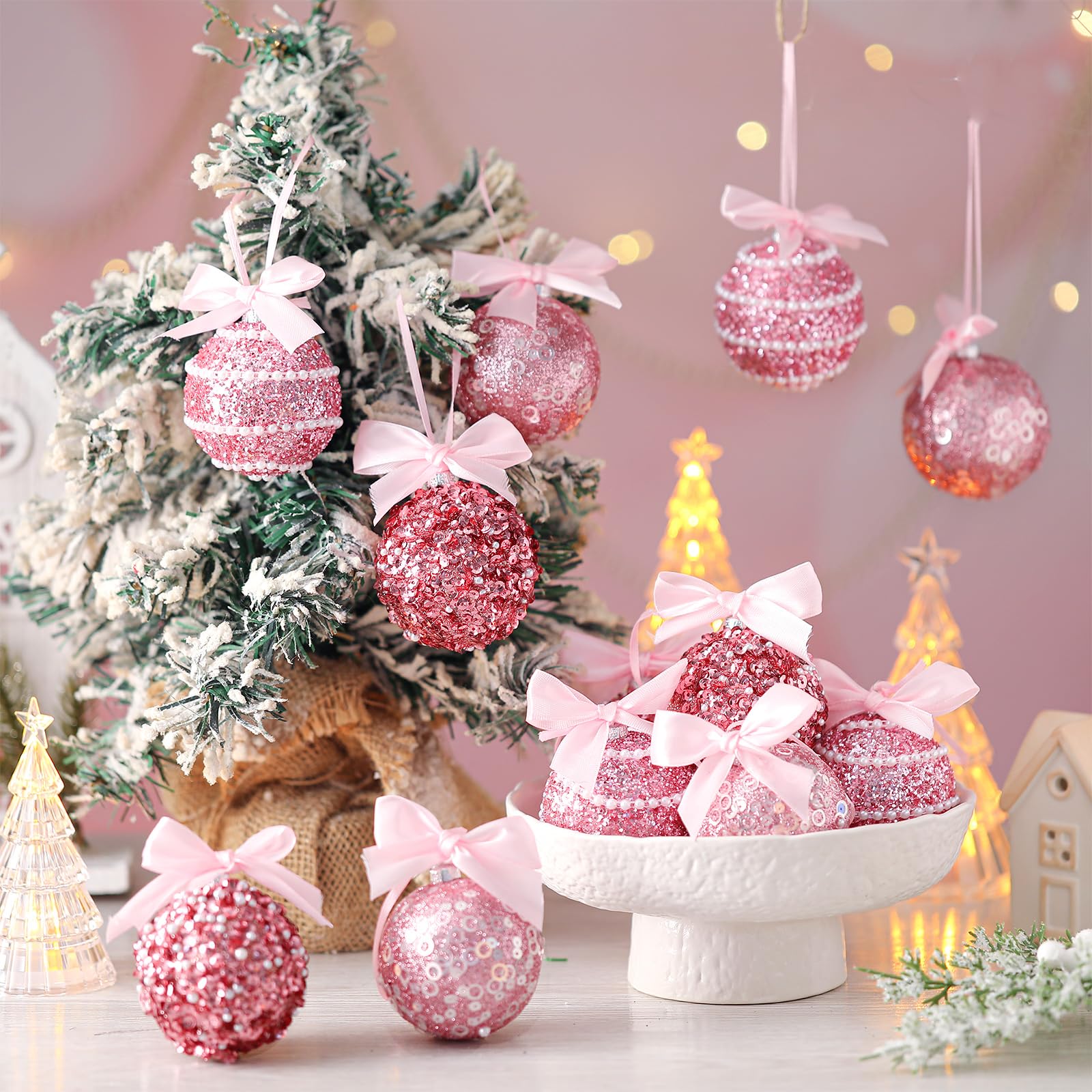 Hungdao Lot de 12 boules de Noël roses à suspendre en plastique incassable avec nœud coquette pour fêtes de Noël