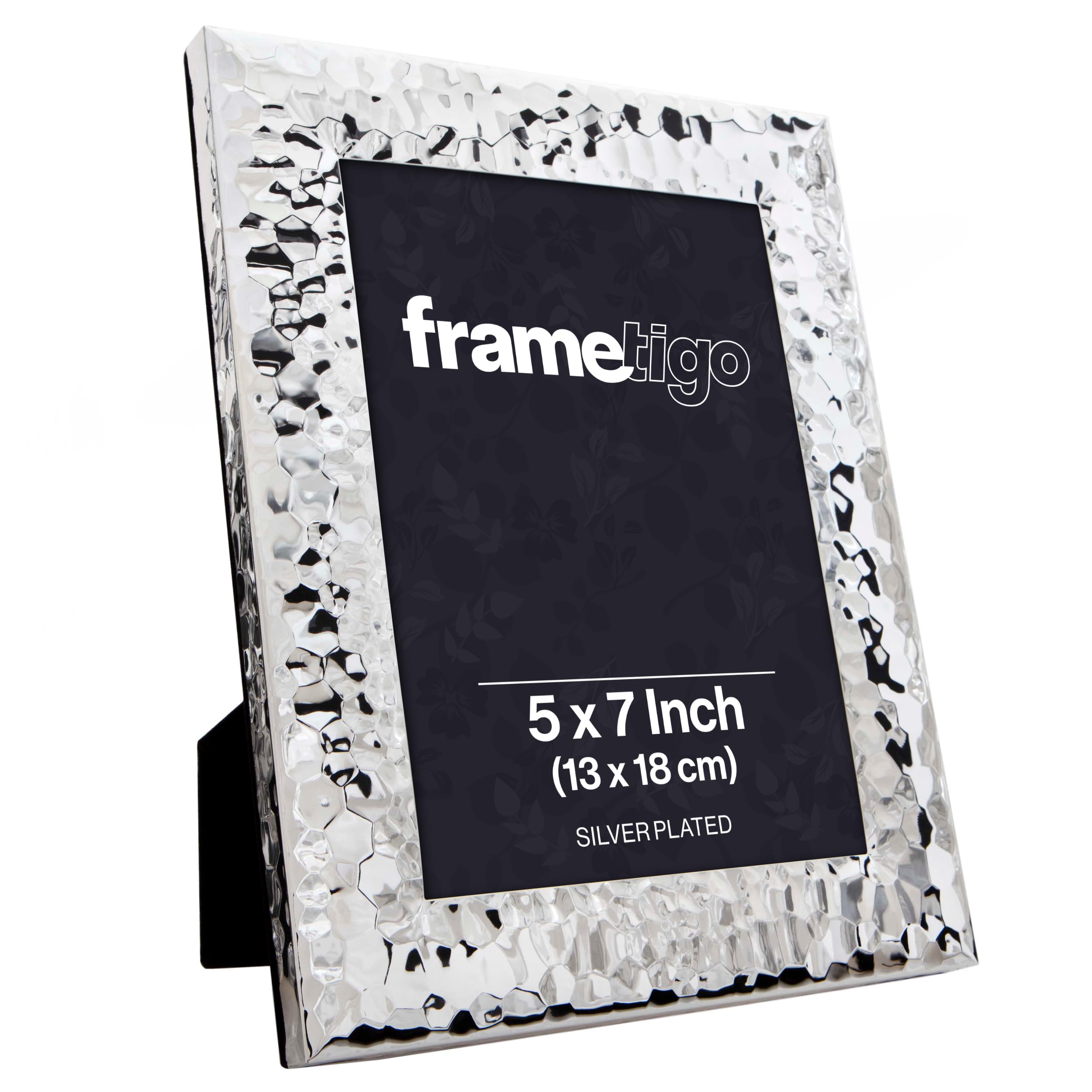 Frametigo Silver - Plated Hammered Photo Frame, 5"X7" (13X18cm) Photo Size - Velvet Frame Backing & Stand - Real Glass Window - Tarnish Resistant - Landscape Or Portrait Orientation
