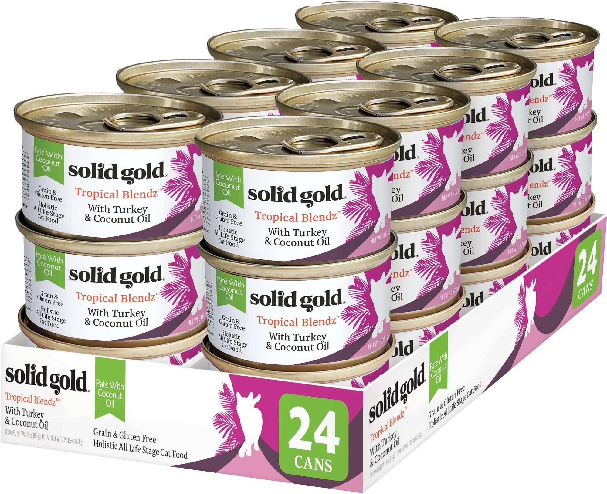 Solid Gold Wet Cat Food Pate in Coconut Oil - Healthy Canned Cat Food Pate w/Real Turkey, Omega Fatty Acids, Vitamins & Minerals - Grain Free & Gluten Free Canned Meals for Cats & Kittens - 24ct/3oz