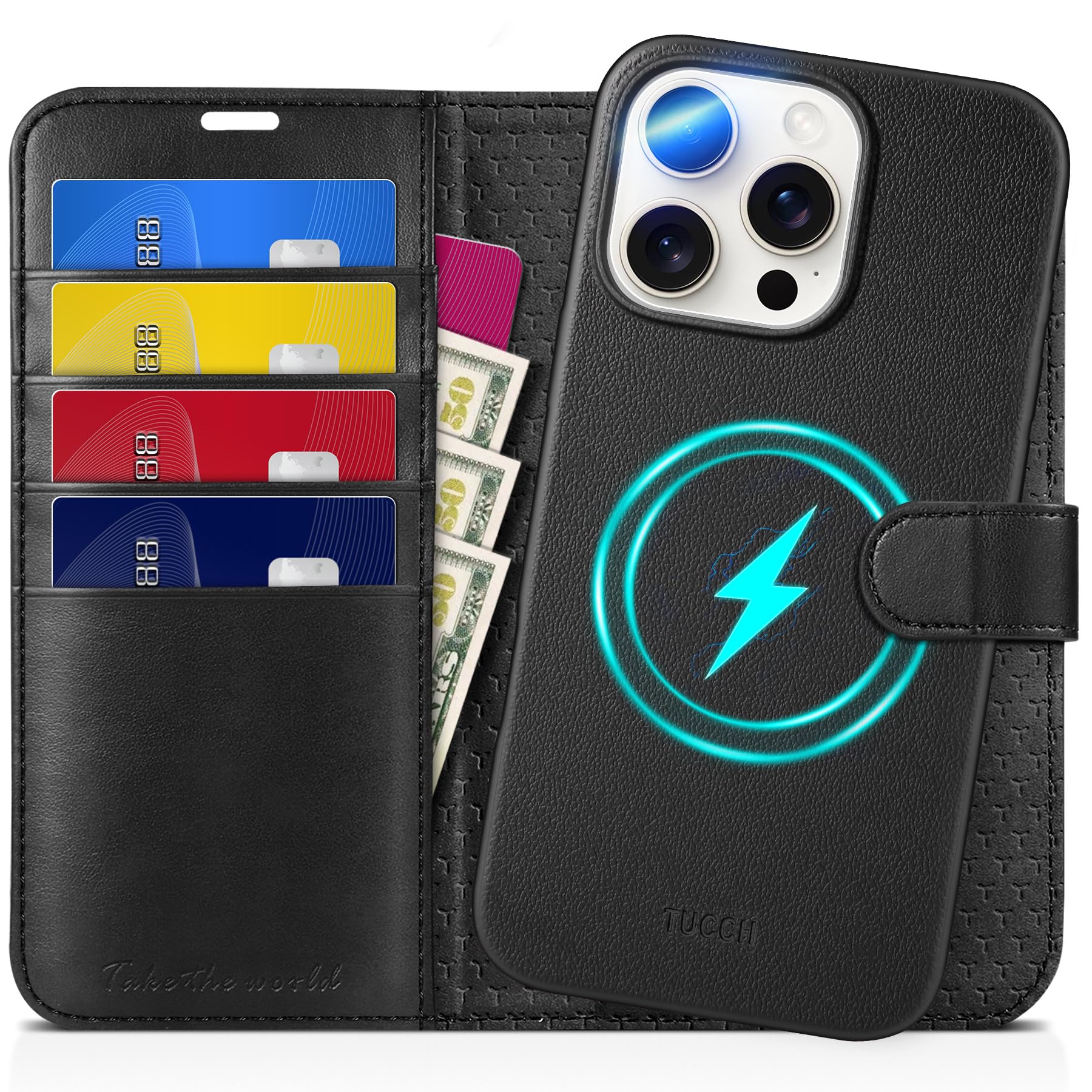 Photo 1 of TUCCH Case Wallet for iPhone 16 Pro Max, [Detachable] Kickstand RFID Blocking 4 Card Slot Shockproof Wireless Charging Case, PU Leather Removable Cover Compatible with iPhone 16 Pro Max 5G, Full Black
