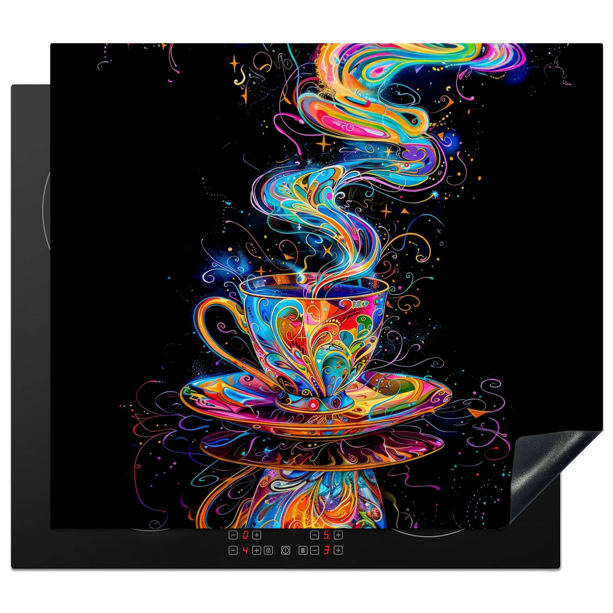 KitchenYeah© Herdabdeckplatte 60x52 cm Einteilig Abdeckplatten Cerankochfeld Abdeckung Ceranfeld Herdplattenabdeckung Induktionsmatte Kaffee - Bunt - Schwarz - Tasse