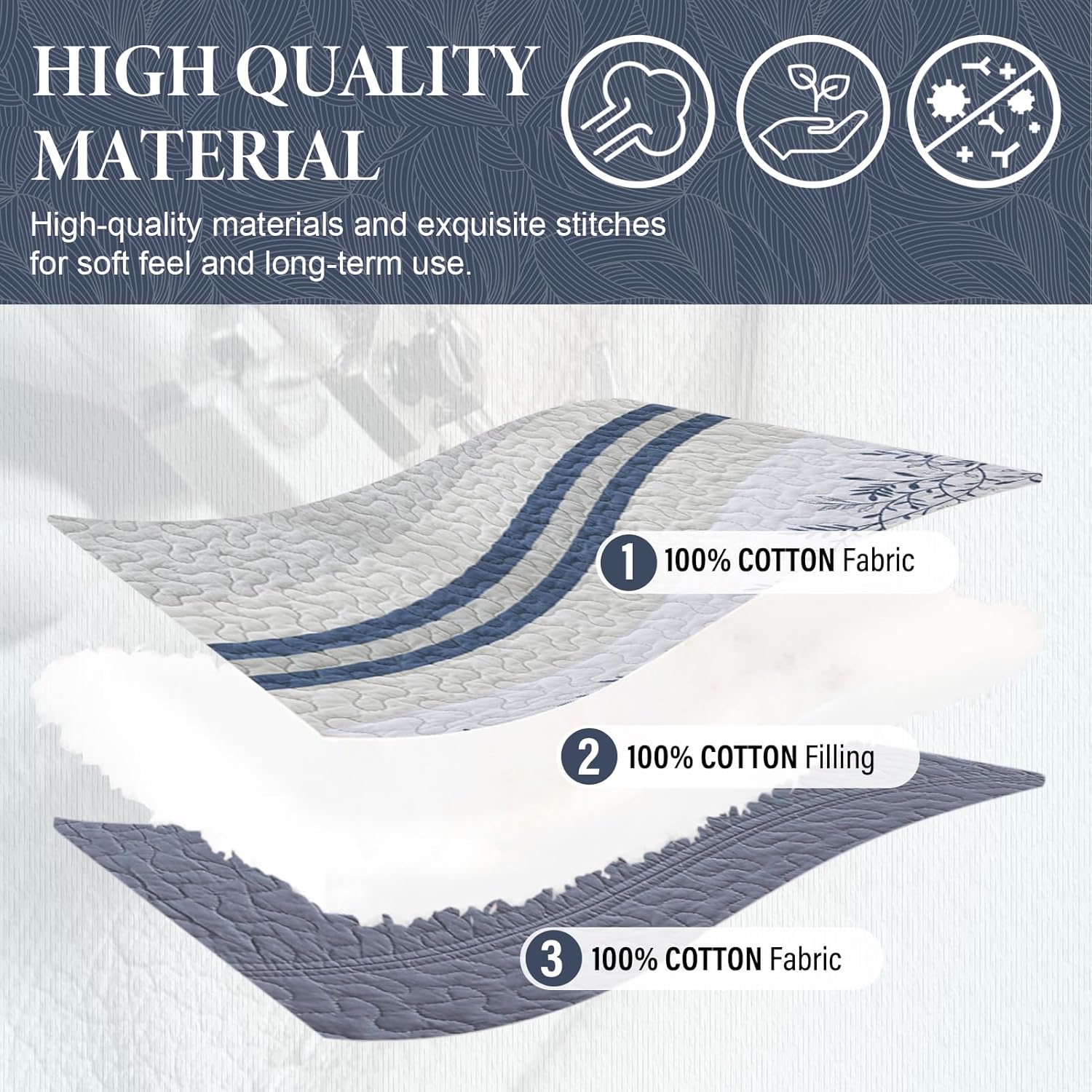 SahSahCasa 120"x102" 100% Cotton Oversized Queen Bedspread Coverlet Quilt Set, Quilted Bedspread Extra Large Quilt, XL Bed Spread Lightweight Comforter, 3pc, Blue/White/Cream