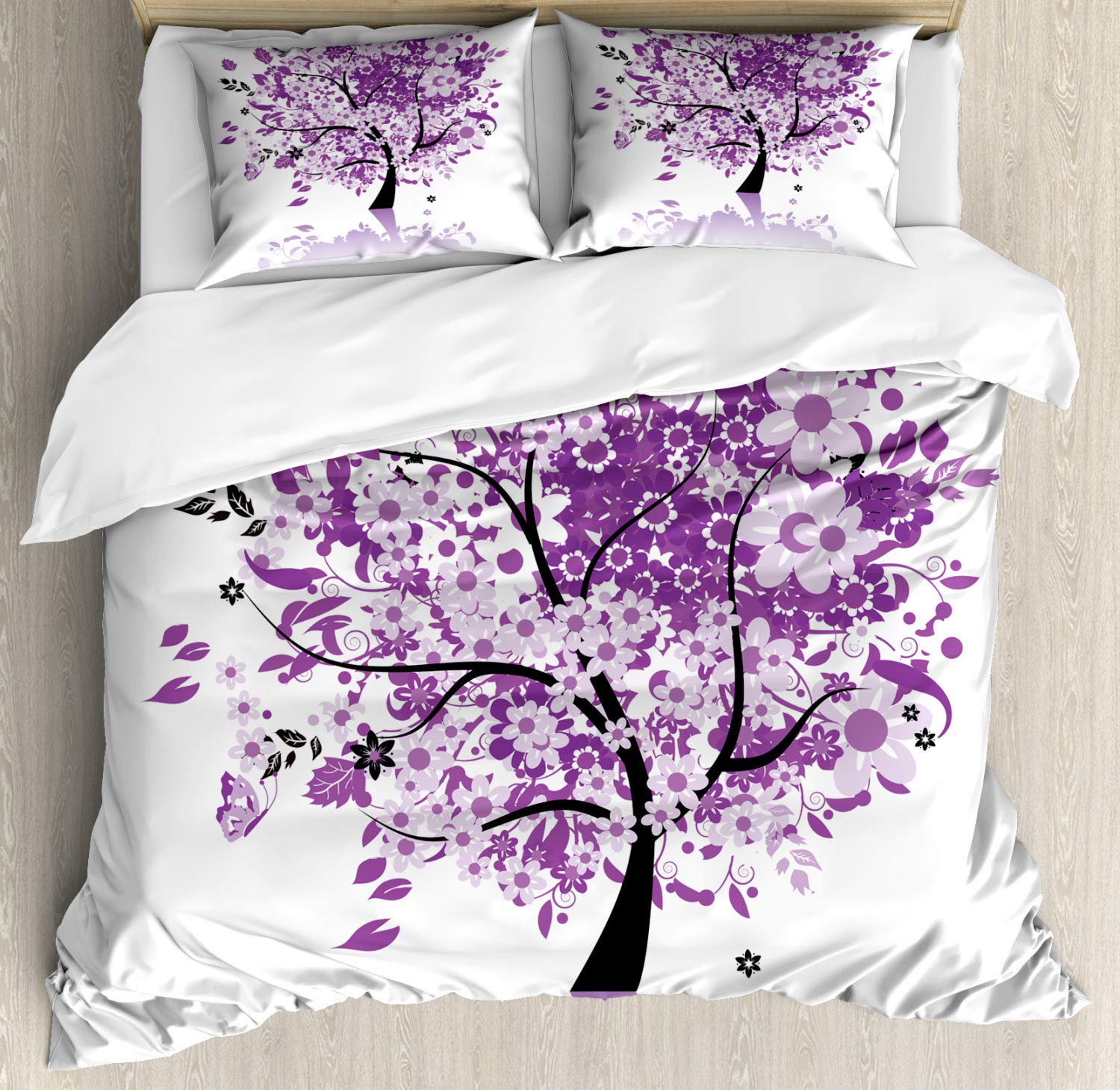 Ambesonne Nature Duvet Cover Set, Spring Tree of Life Woods Blooming Flower and Butterfly Flying Romance, Decorative 3 Piece Bedding Set with 2 Pillow Shams, Queen Size, Purple Lilac