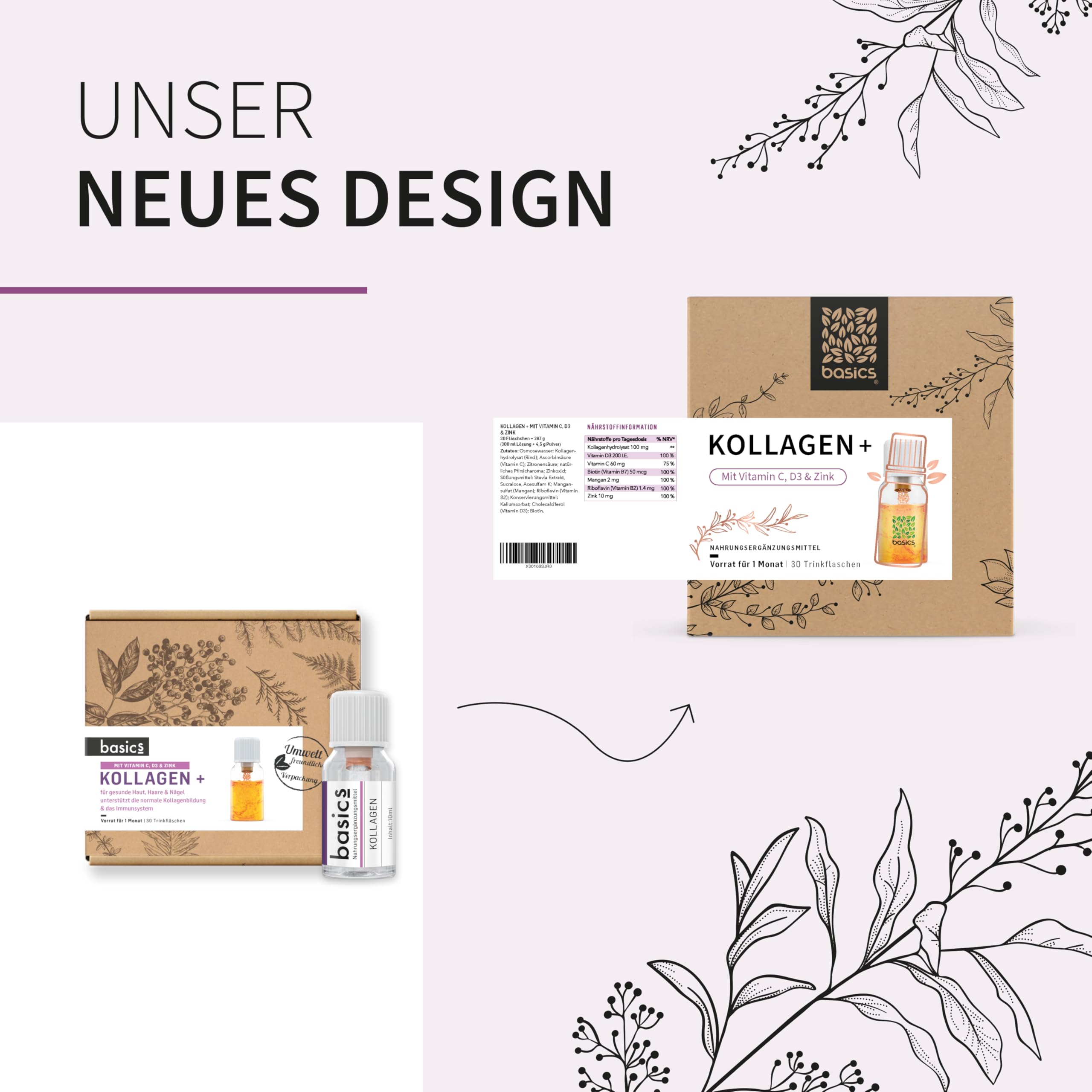 basics Kollagen + mit hochdosiertem Kollagen Hydrolysat, Vitamin C, D3, Biotin und Zink - für den Erhalt von schöner Haut, Haar und Nägeln - 30 Trinkflaschen - 10ml pro Tagesdosis (2er Pack)