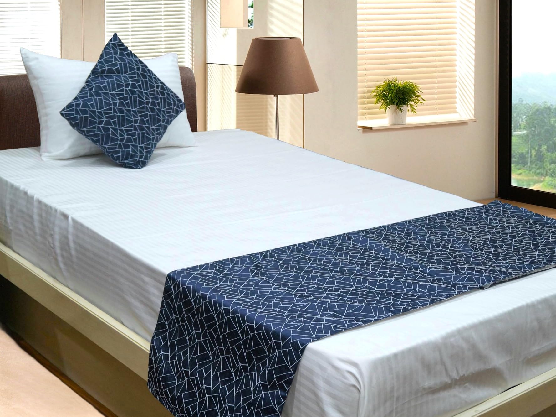 Vissage Abstract Single Bed Runner with 1 Cushion Cover, Dark Blue-picture-28