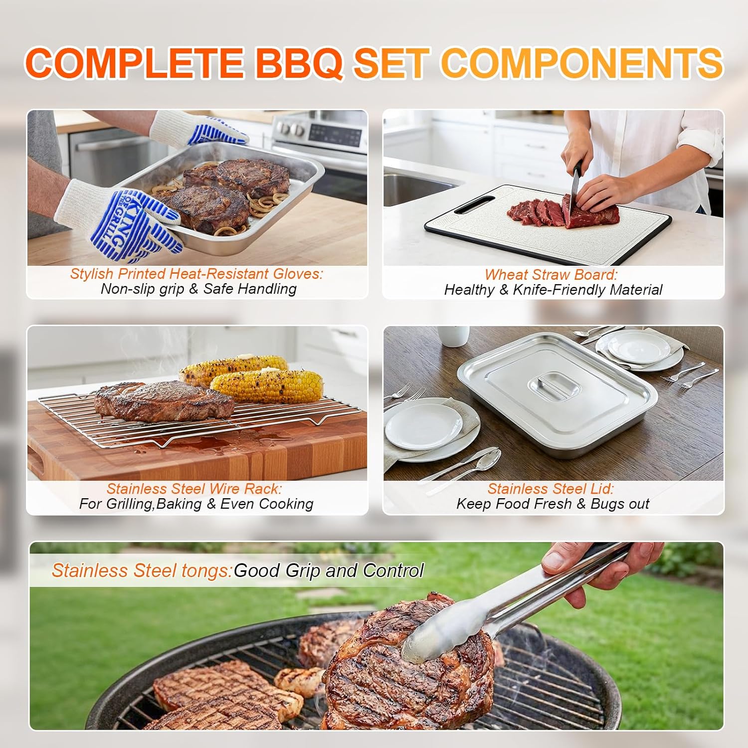 7-Piece Grill Prep and Serve Tray Set, Stainless Steel BBQ Marinating Container with Lid, Cutting Board, Wire Rack, Tongs & Heat Resistant Gloves, Stackable Large Meat Pan for Camping & Tailgating