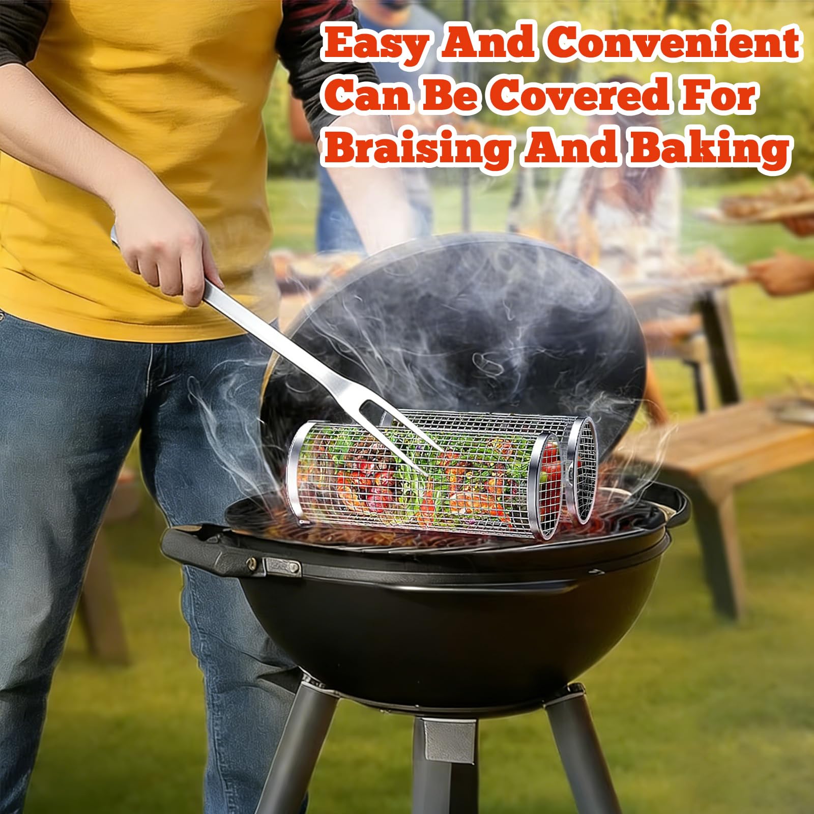 Panier à Griller Roulant 2 Pièces, Acier Inoxydable 304 avec Support & Brosse, pour Légumes, Frites, Poisson, Accessoires Grill pour Extérieur Camping Jardin, Cadeau Homme ou Papa