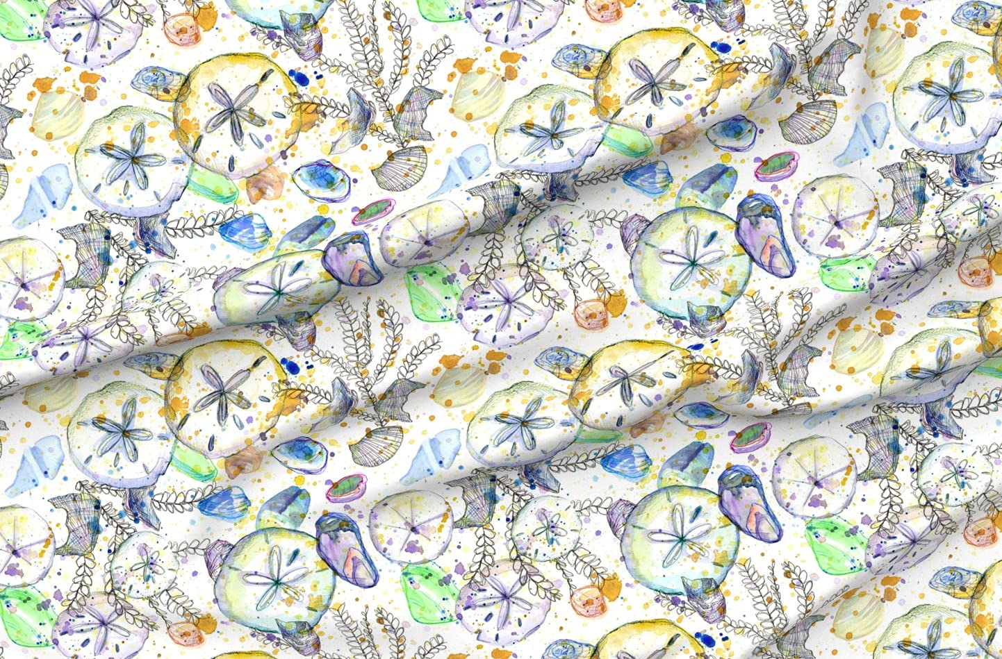 Spoonflower Fabric - Ocean Shells Sand Sea Glass Watercolor Seashells Life Beach Decor Printed on Petal Signature Cotton Fabric by The Yard - Sewing Quilting Apparel Crafts Decor