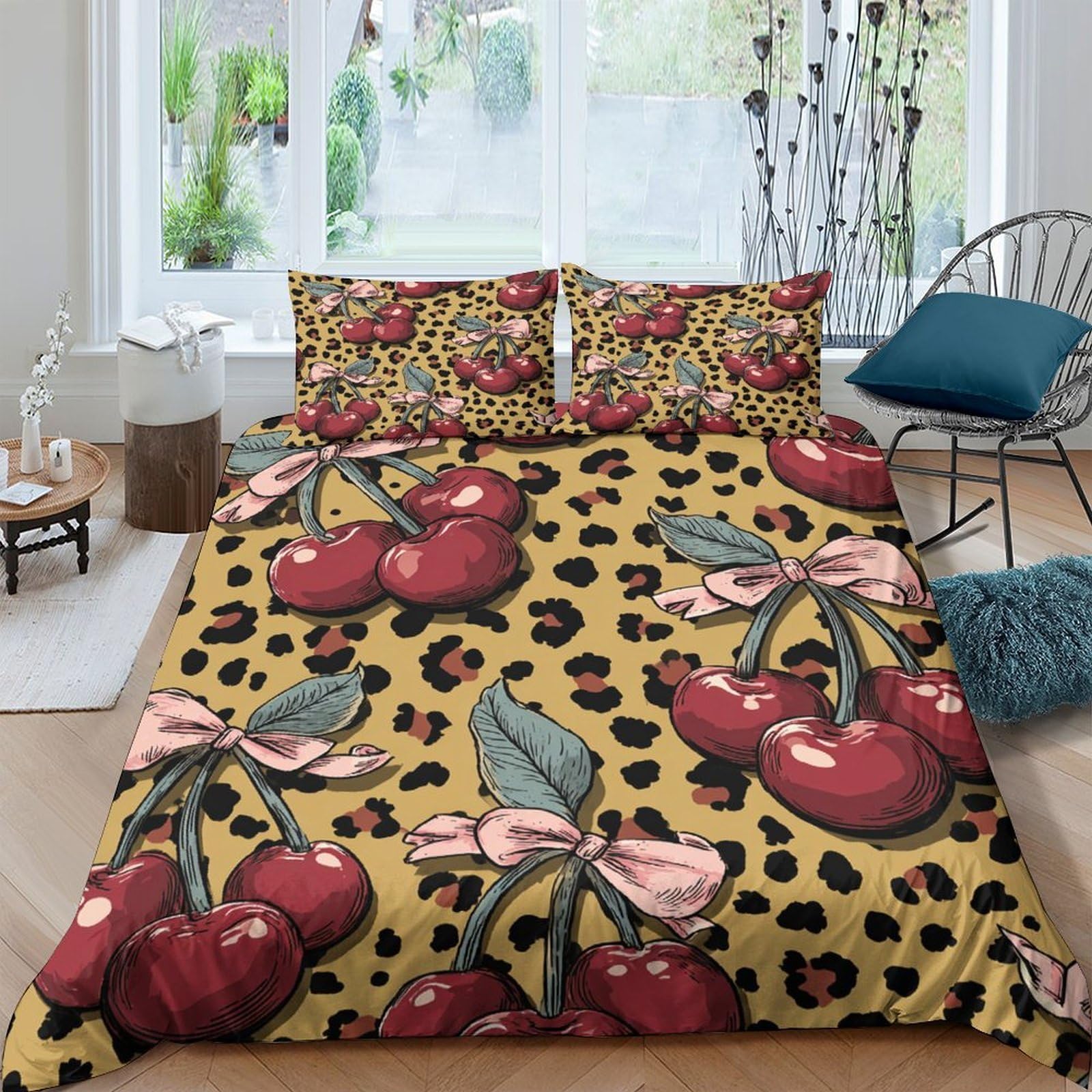 Ctjqhvkz Style-1 3D Printed Cherry Leopard Fitted Sheet Microfiber Soft Non-Slip Bed Cover For Bedroom Dorm Mattress Decor Single（135X200cm）