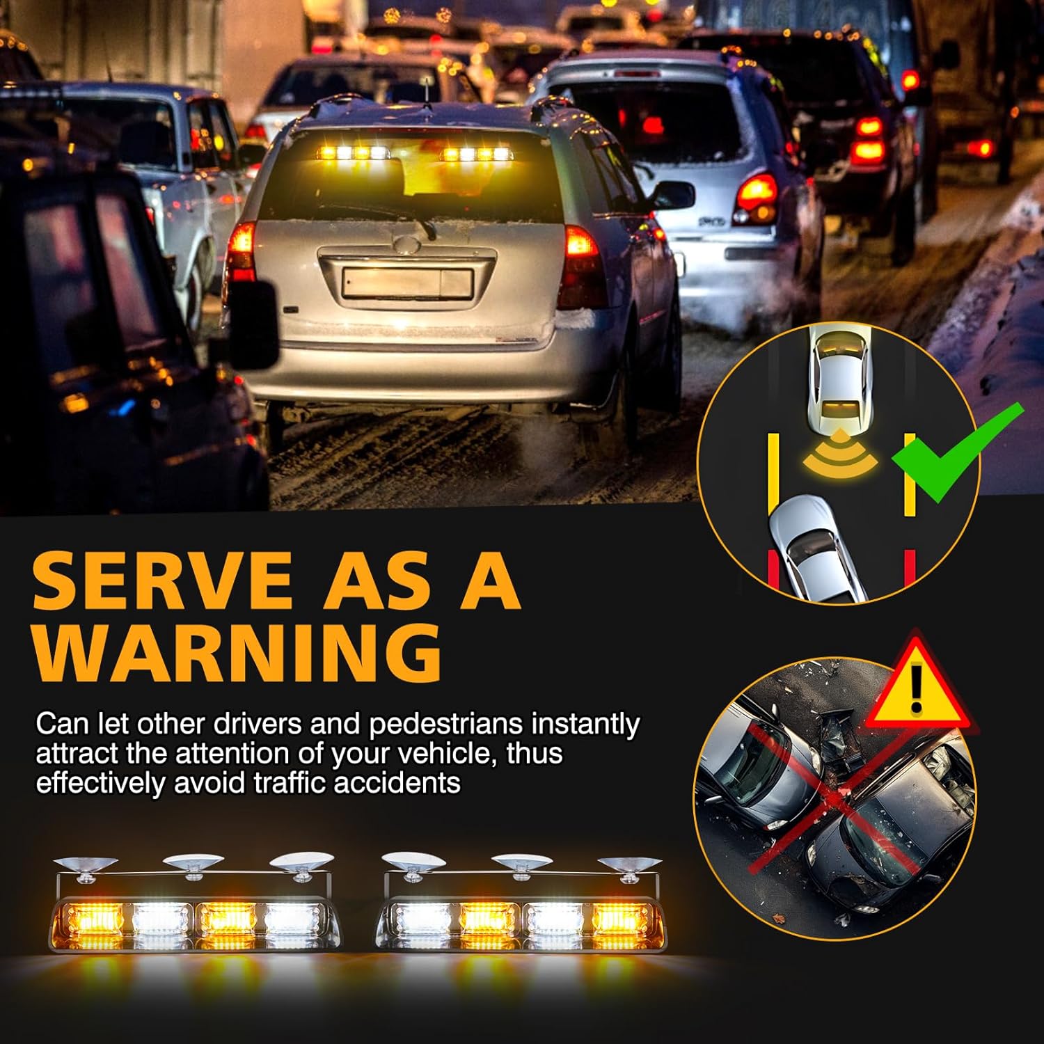 OPP ULITE Led Strobe Lights 2 in 1, 48pcs Led, 26 Flash Mode, Memory Function, DC 12V-24V Front/Rear Windshield Emergency Flashing Dash Warning Light Bar for Vehicles Trucks, White Amber
