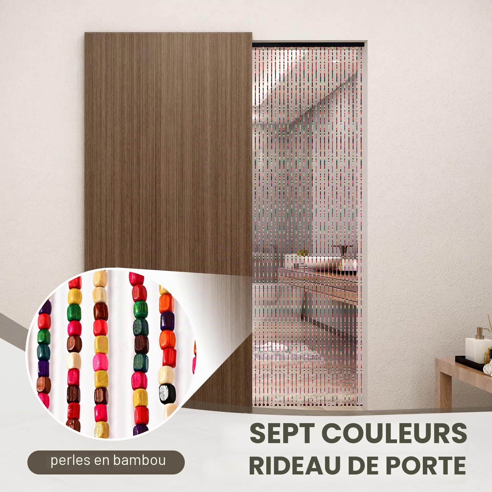Rideau Perle Bambou pour Porte 90 x 195 cm Wood Bead Curtain Perles Arc-en-Ciel, Protection Contre Les Insectes