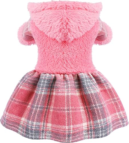 Miniatura 6 de Vestido de invierno para perro, lindo suéter de forro polar cálido con capucha para perros pequeños, vestidos de cachorro a cuadros rosados, ropa