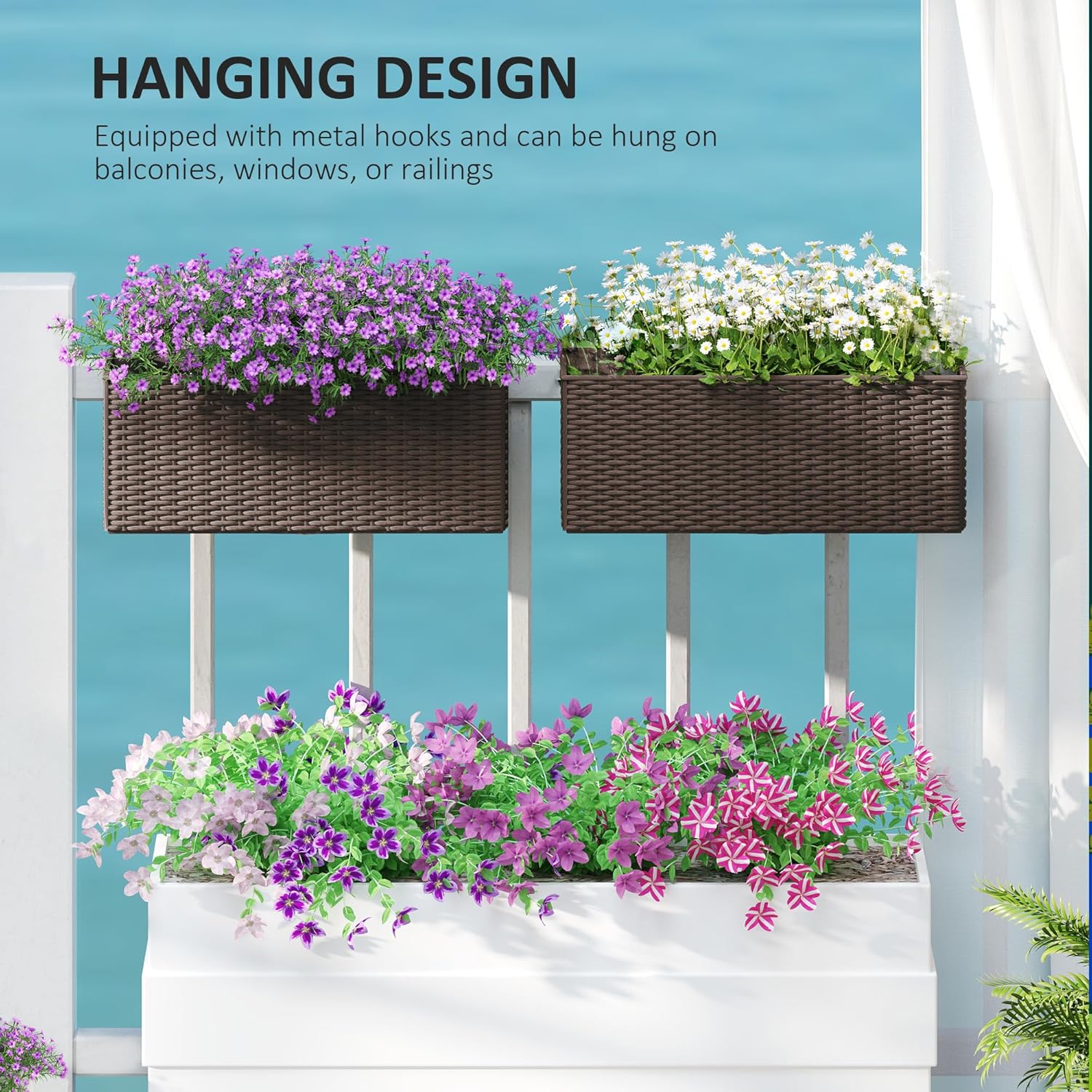 Outsunny Railing Planter Box (2 Pack, 20 Inch), Hanging Flower Pots with Hooks, Drainage Holes for Fence, Balcony, Garden, Patio, Rattan Look, Brown
