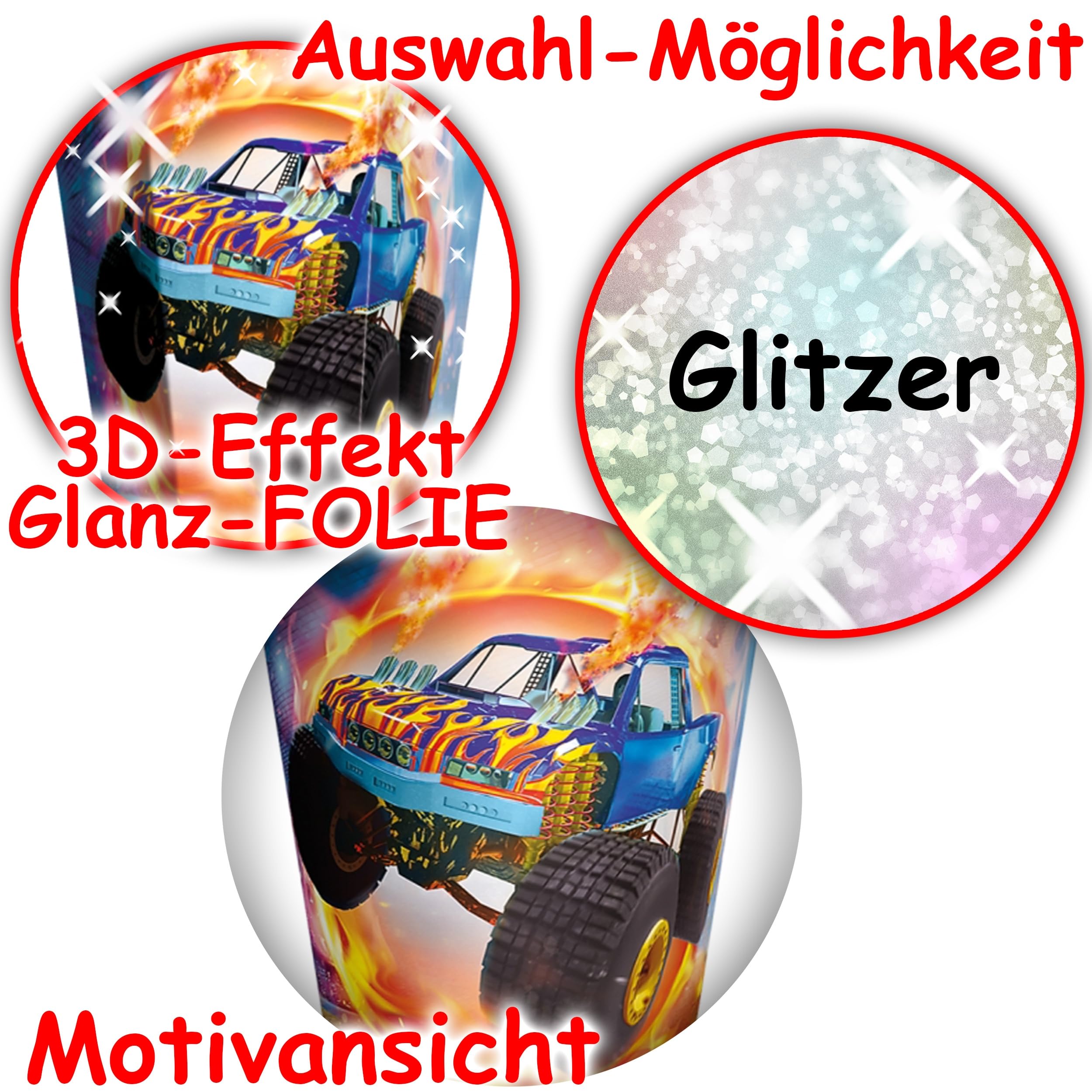 alles-meine.de GmbH Schultüte - Monstertruck - Auto - 35-100 cm - Größe wählbar - mit Holzspitze - Zuckertüte - inkl. komplette Füllung + Bänder Schleife + Kunststoff Spitze - ..