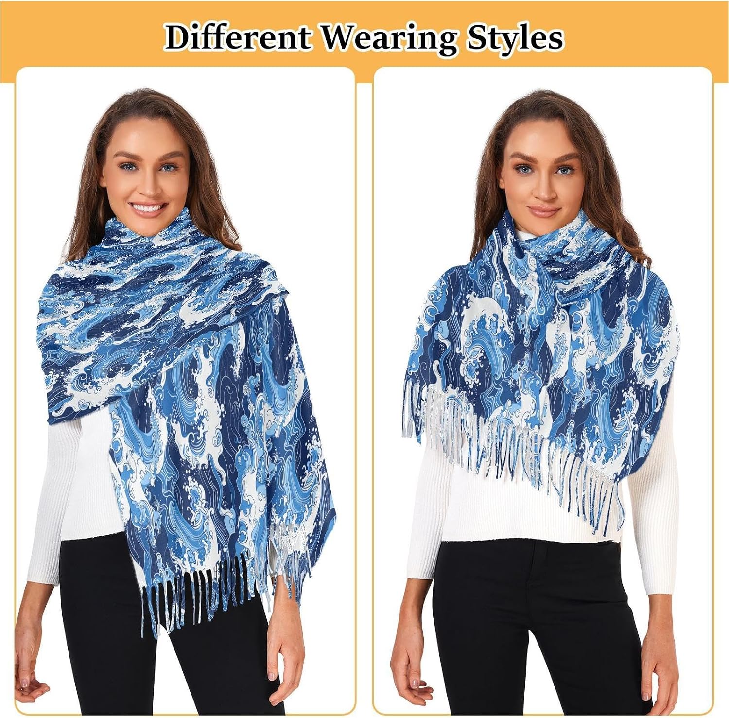 Winter Scarf for Women Blue Sea Wave Fashion Tassel Shawl Wraps for Women, Cold Weather Warm Womens Scarves Soft Long Scarf Gifts