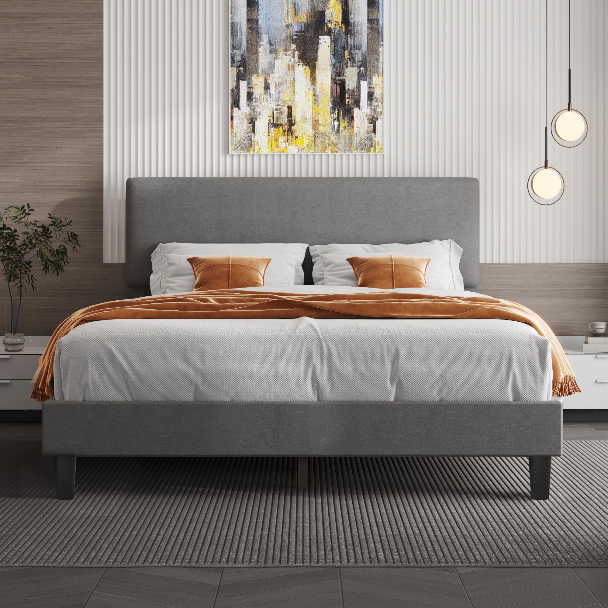 Lifezone Queen Bed Frame with Headboard,Linen Upholstered Bed Frame with Wood Slats Support,No Box Spring Needed,Heavy Duty Feet,Easy Assembly,Light Grey