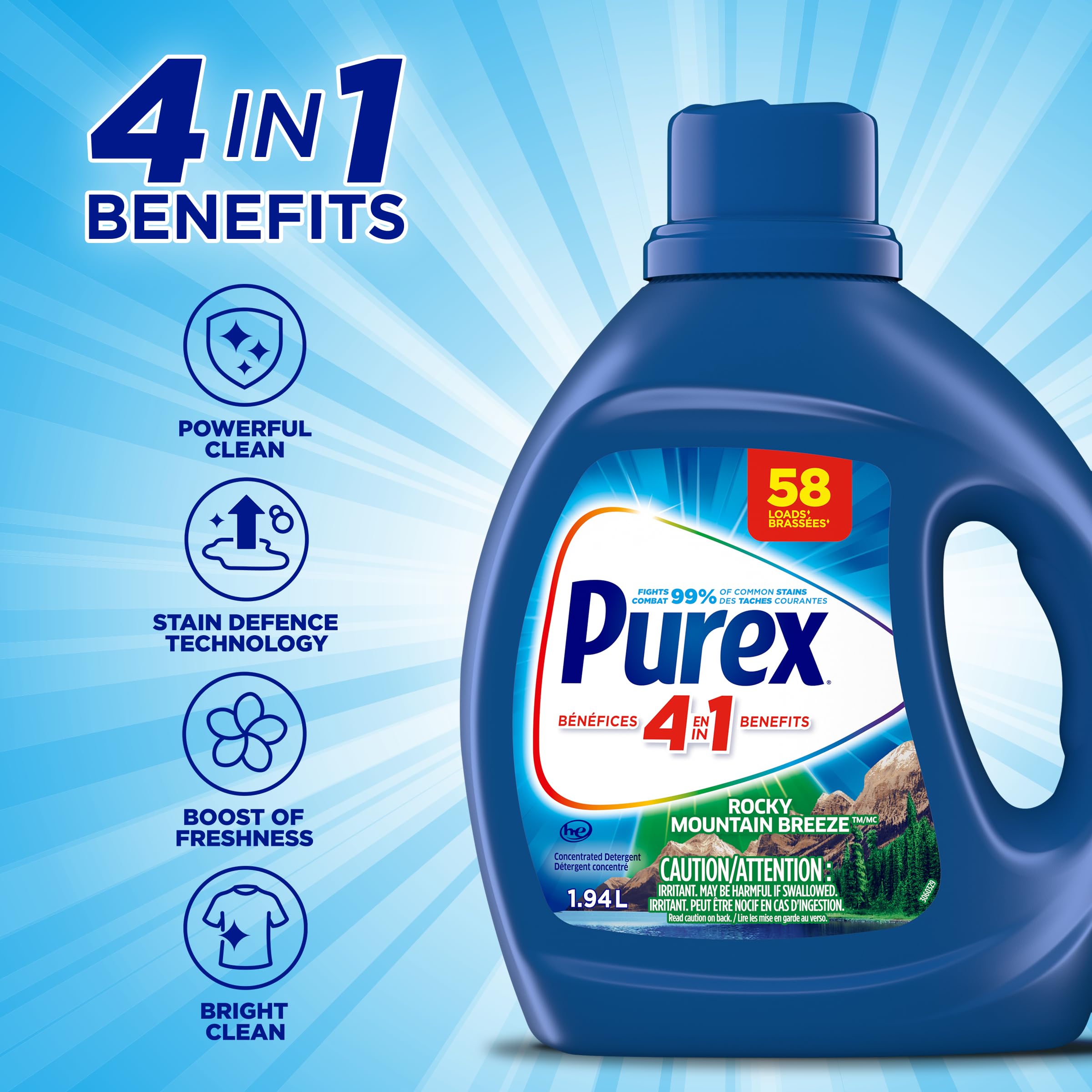Purex Rocky Mountain Breeze, Concentrated Liquid Laundry Detergent with 4in1 benefits, Tough on Stains, Brightens and Whitens Clothes, 1.94L, 58 Wash Loads, HE Compatible - 3