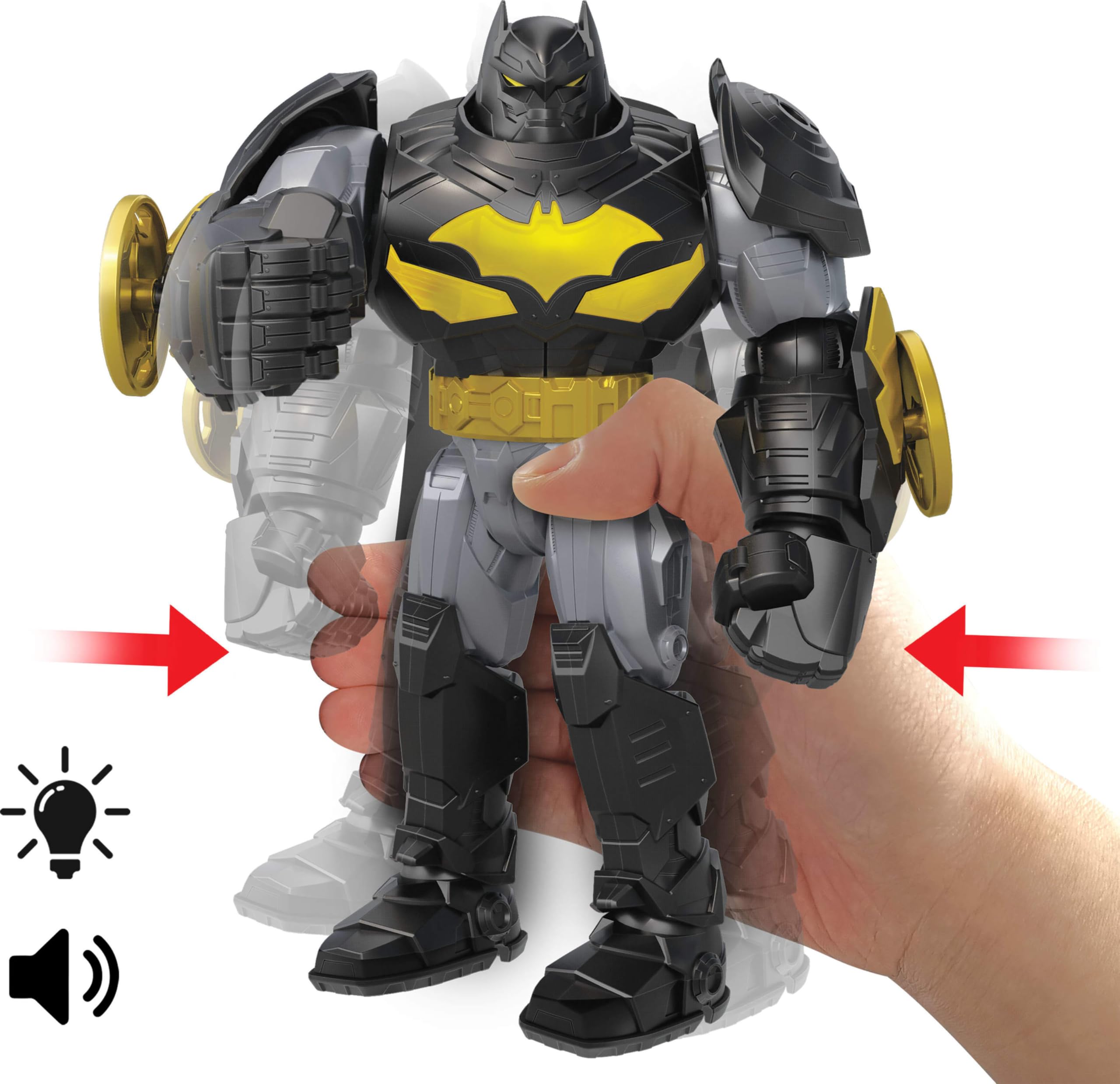 Mattel DC Premier - Batman figurka ze światłami i 8 różnymi dźwiękami, nosi ponadwymiarową zbroję robota z akcesoriami, w tym wyrzutnią pocisków i dyskami bojowymi, JMP84