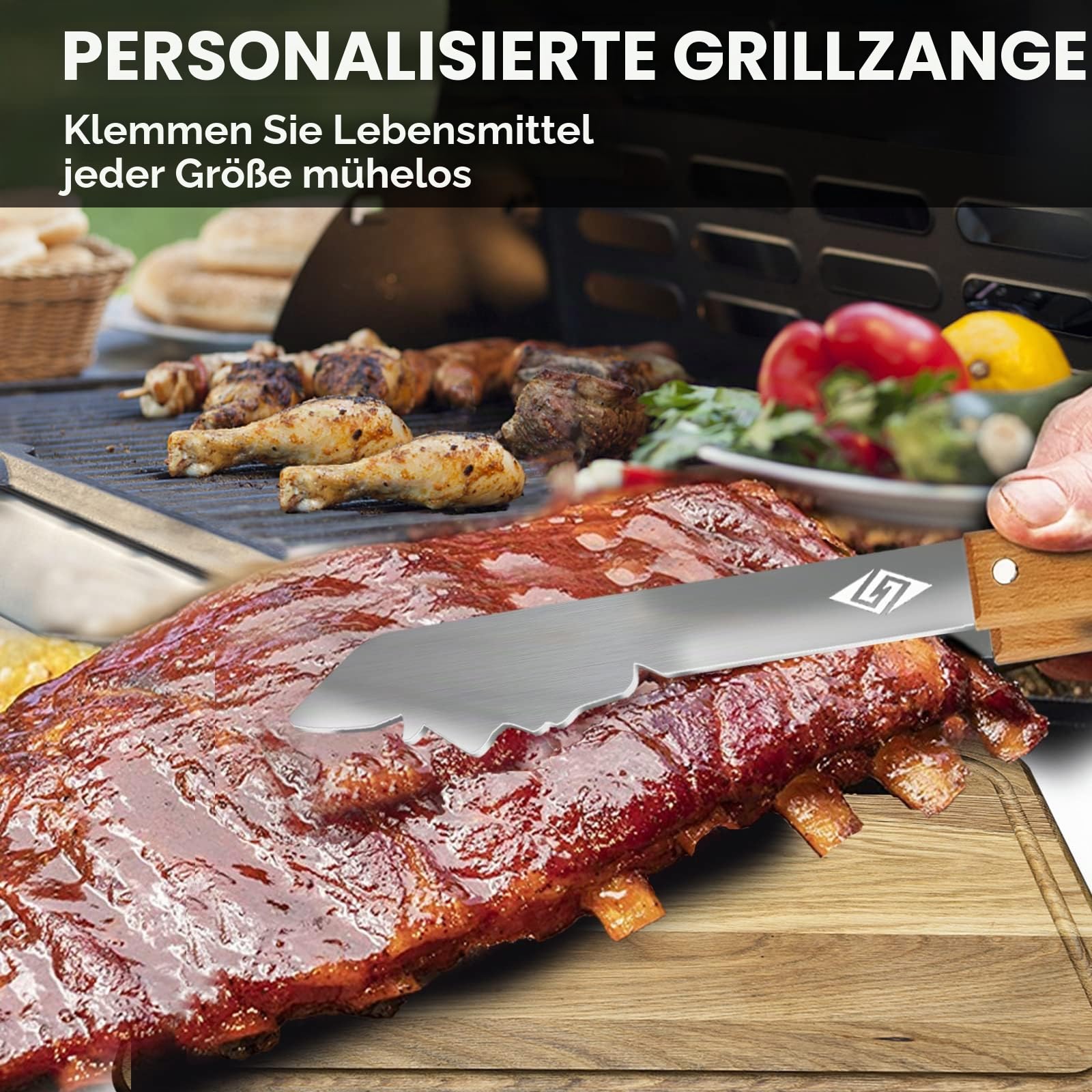 Steven-BULL S Grillbesteck-Set 3-TLG. Extra Langes Grillwerkzeug, Edelstahl Holzgriff, Grillzubehör mit Grillzange, Grillwender, Fleischgabel Extra-Langen Holzgriffen und Aufhänge-Ösen