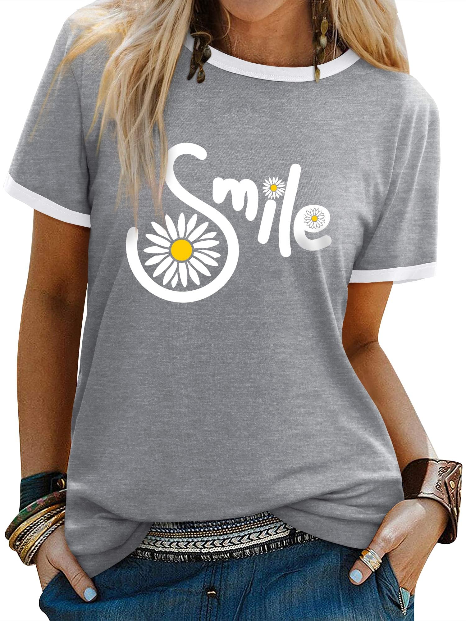 Yihelian Tshirts Frauen Rundhals Top Damen Daisy Print Kurzarm Tee Shirt Sommer Lächeln Brief Gedruckt Shirts