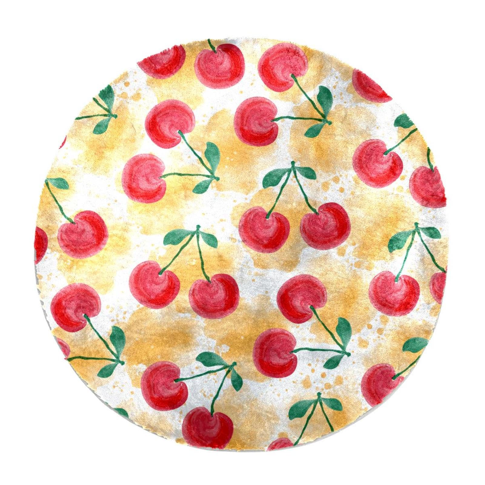 Tapis à poils longs rond cerises aquarelle 60 cm pour chambre