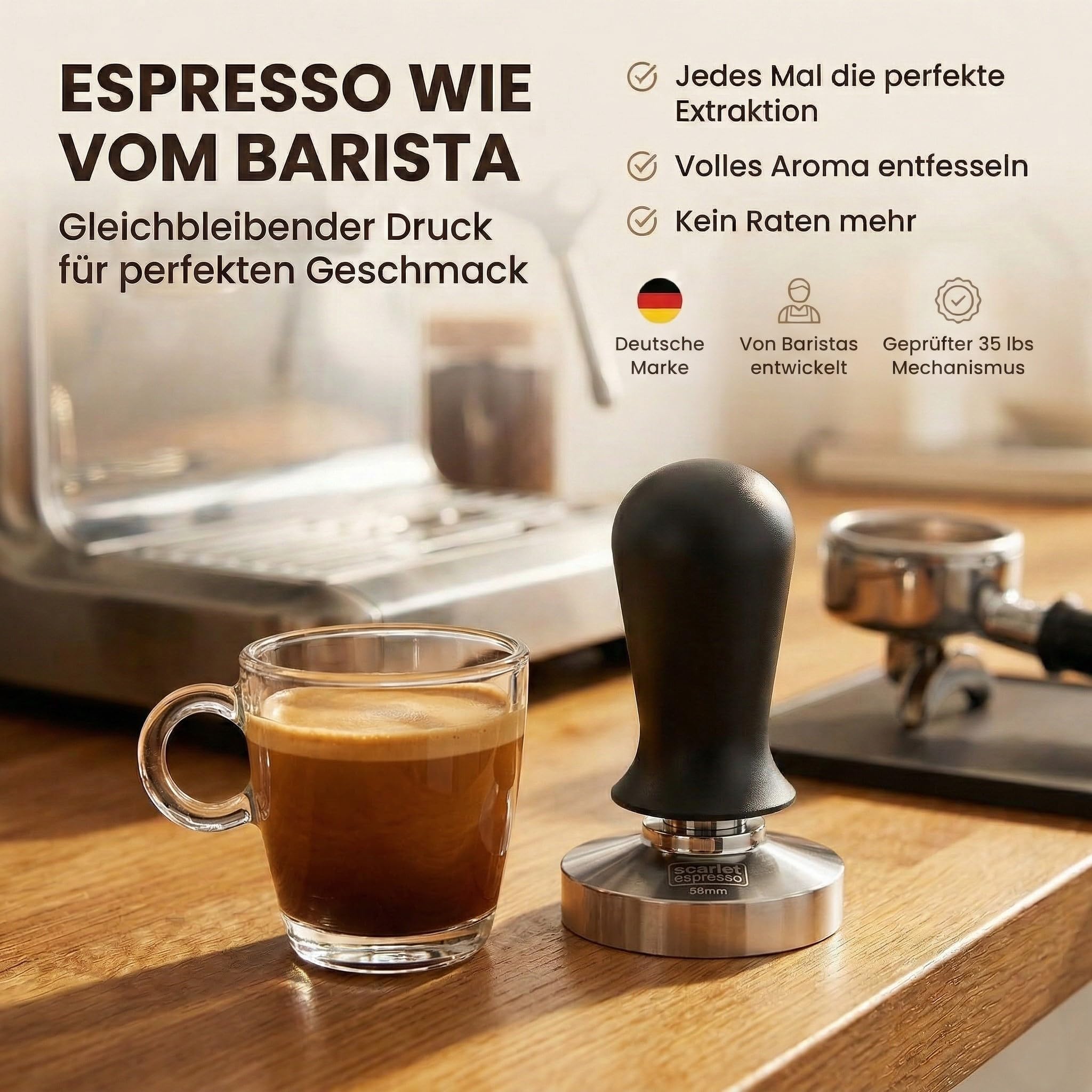 Scarlet espresso Tamper Perfetto - Pression de contact du tampon calibré à 15,8 kg - Poignée ergonomique pour porte-filtre 51 mm Noir