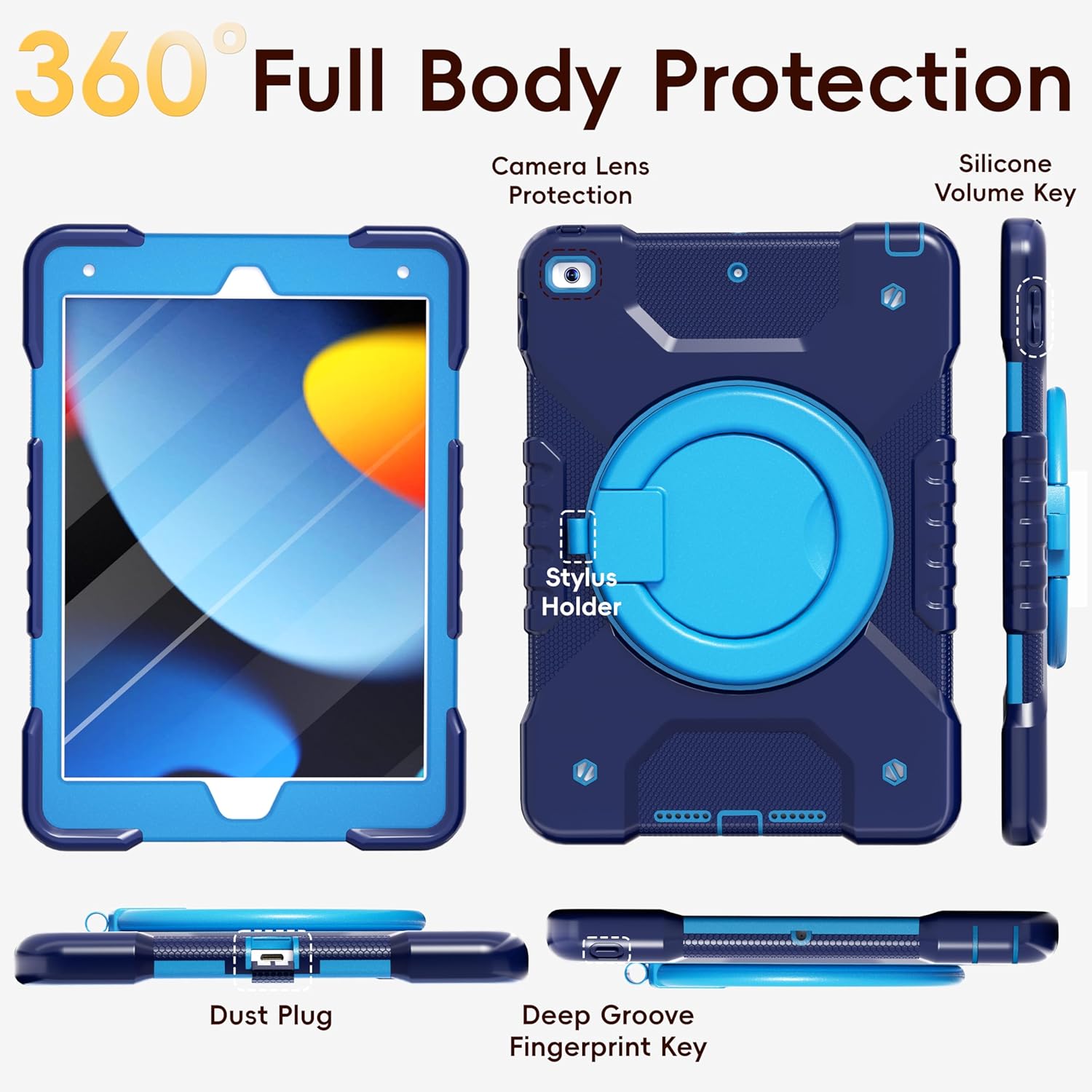 Case for iPad 9th/8th/7th Generation 10.2 inch, Shockproof Cover with Screen Protector/360° Rotate Stand/Pencil Holder/Shoulder Strap, Kids Case for iPad 2021/2020/2019 (Navy+Blue)