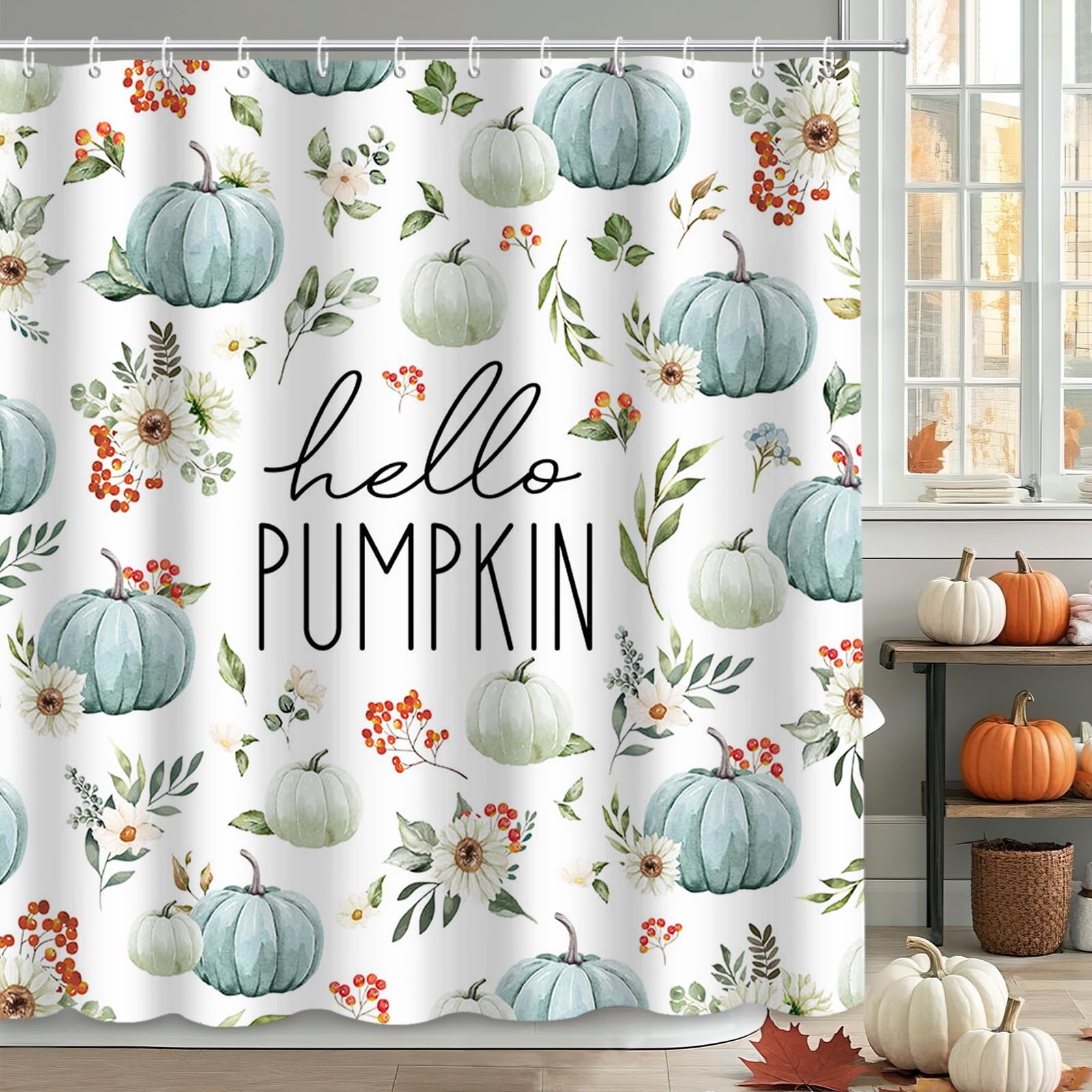 Rideau de douche Thanksgiving floral MEHOFOND avec motif feuilles d'eucalyptus et citrouille blanc