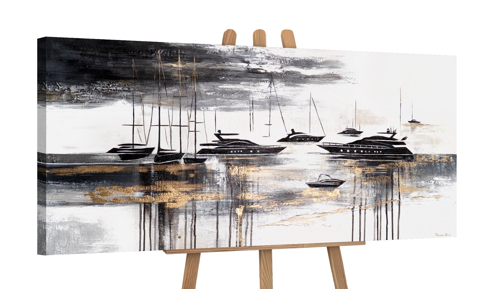 Ys Yachts -Art Original Handmade Yacht Harbor Painting Acrylic Canvas – Seascape Black Gold Marina Scene Wall Art For Office Living Room Luxury Coastal Decor 45X20 Inch