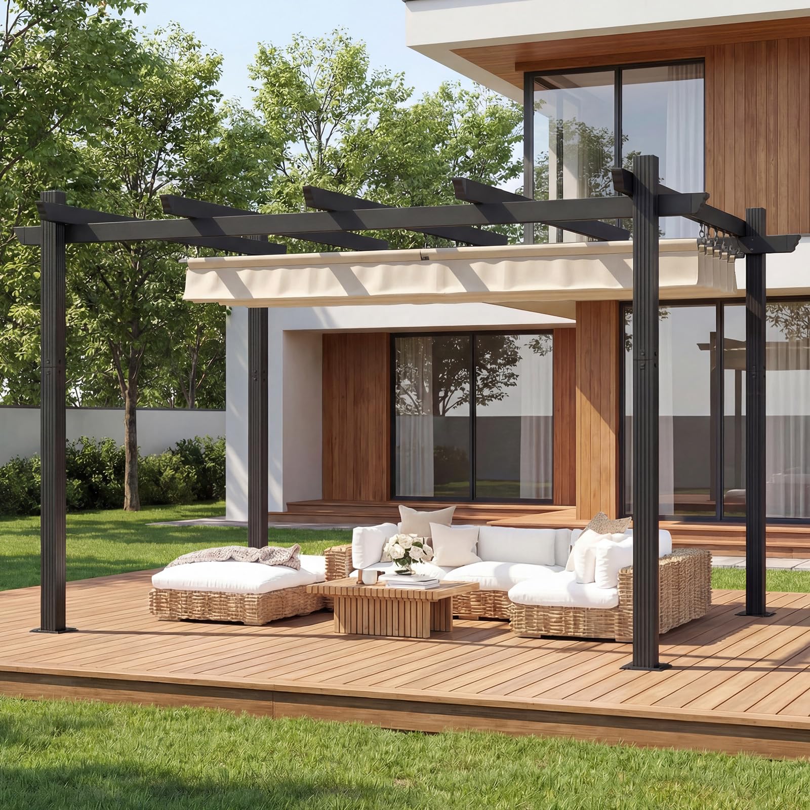 TRIUMPHKEY Pergola Pavillon 3x3m wasserdicht stabil Winterfest, Gartenpavillon Aluminium mit Schiebedach, Sonnenschutz für Garten Terrasse & Balkon, Grau