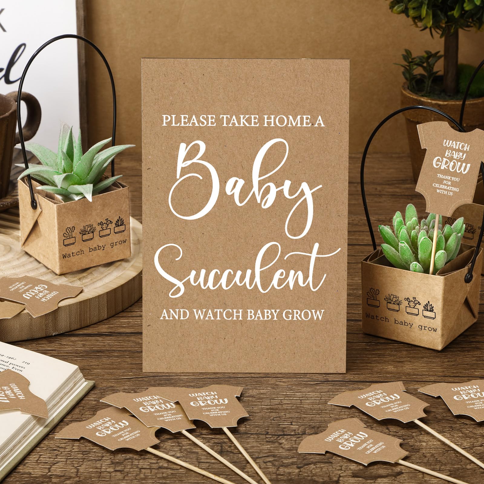 121 piezas de recuerdos de suculentas para baby shower, incluye 1 cartel, 60 etiquetas para suculentas, 60 envolturas de suculentas, regalos de suculentas de bebé, regalos para invitados, no