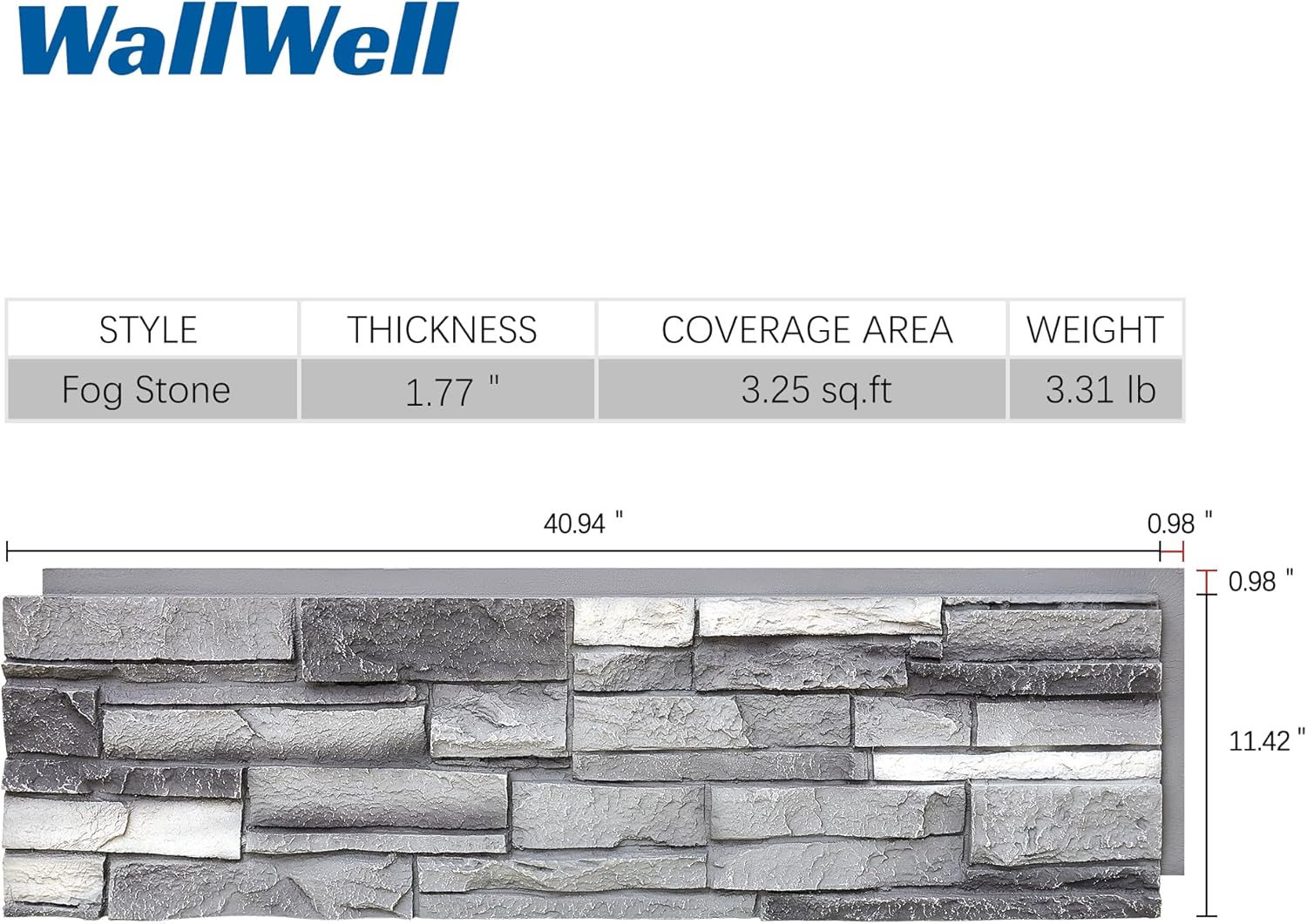 Faux Stone Wall Panels 1-Pack (3.25 Sq Ft) PU Stone Veneer Siding, Mortarless Faux Rock Stacked Stone for Fireplace, Interior Exterior, DIY Home Improvement, 41.92x12.4 Inch, Fogstone