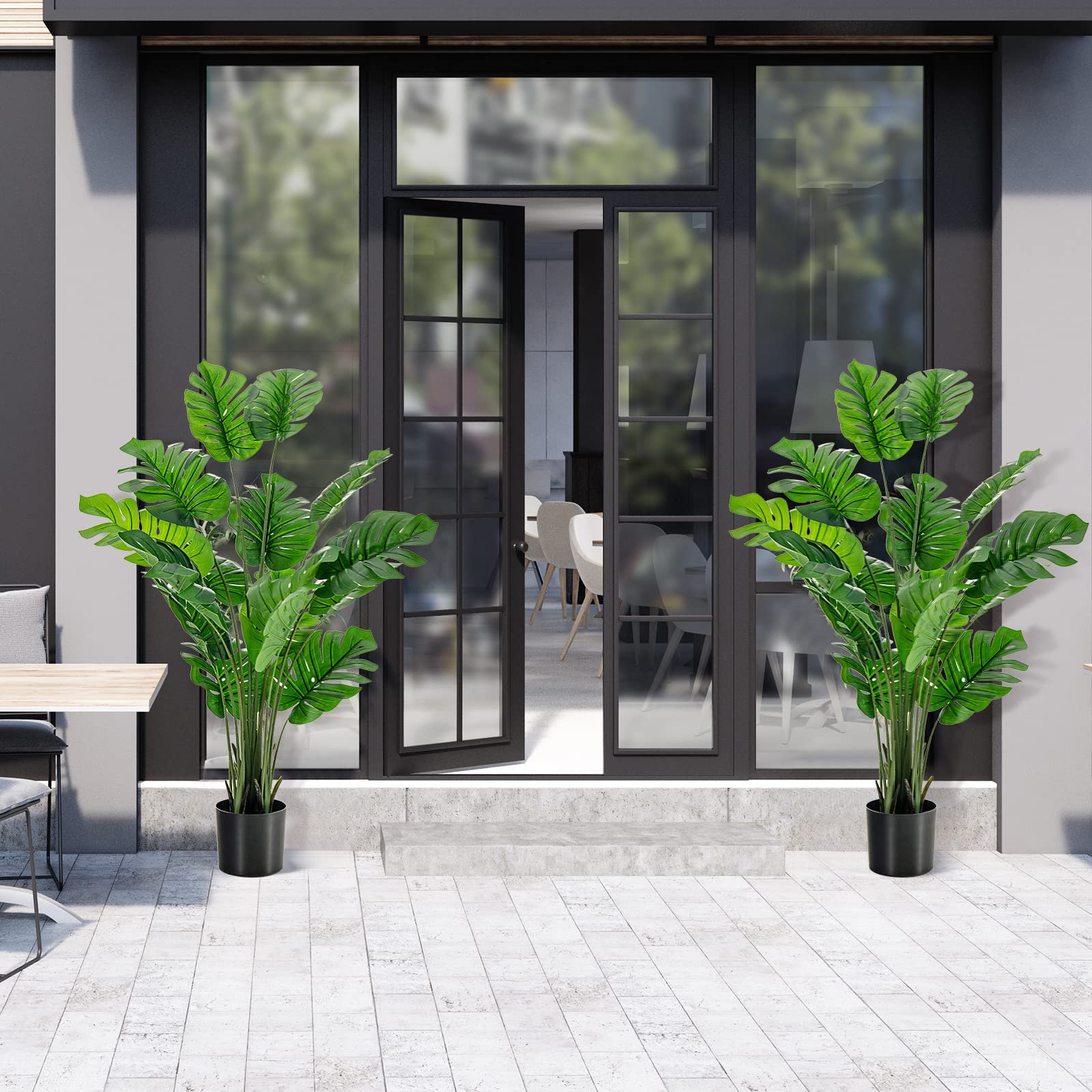 TANGZON Artificial Monstera Deliciosa Plant, Fake Swiss Cheese Plant in Pot with Cement & Moss, Indoor Outdoor Faux Potted Tree for Home Office Decoration (15 Leaves,152CM/5FT, Green, 2 Pack)