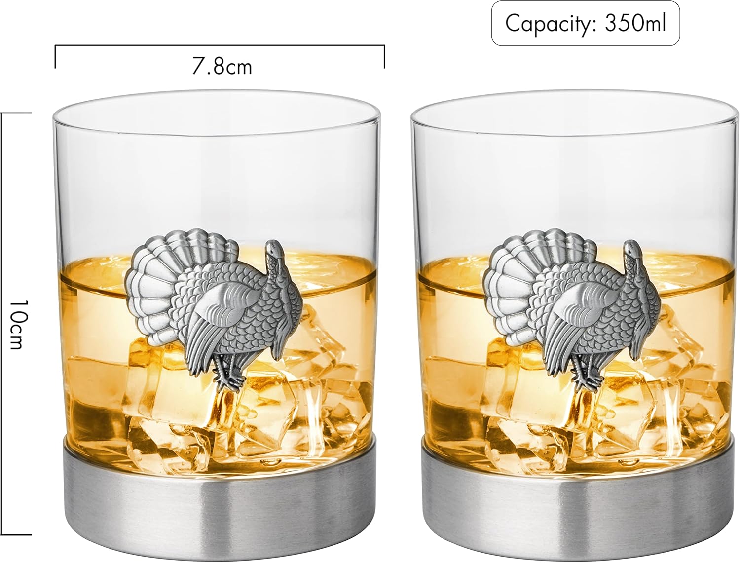 Set of 2 Turkey Whiskey Glasses with Pewter Badge – Old Fashioned Glasses for Bourbon, Rum, Brandy or Scotch – Pheasant and Quail Hunting Gift for Men or Women – Everyday & Thanksgiving Barware – 11oz