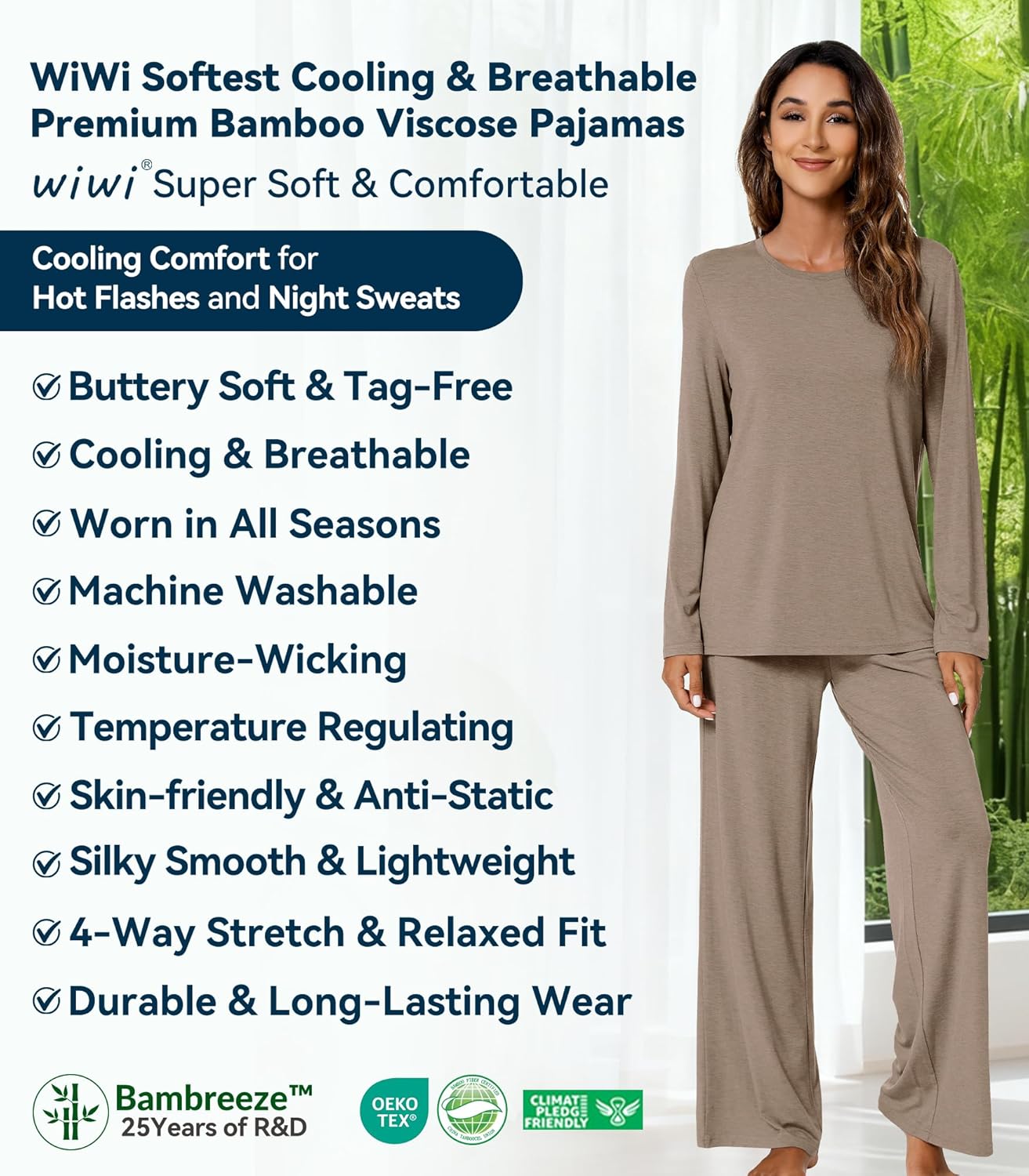 WiWi Bamboo Viscose Pajama Set for Women Super Soft Long Sleeve Top with Pants Loungewear Cooling 2 Piece Pjs Sets S-XXL - Image 8