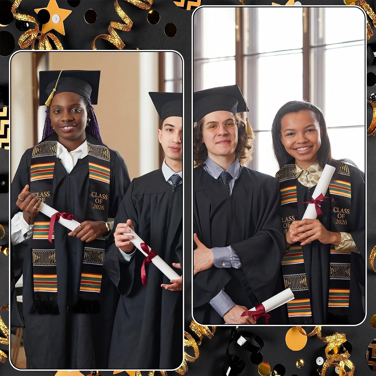 2 Pcs Class of 2026 Kente Graduation Stole African Graduation Stole Sash with Tassel for Adult College Unisex Grads Celebrate Commencement, 70.87''