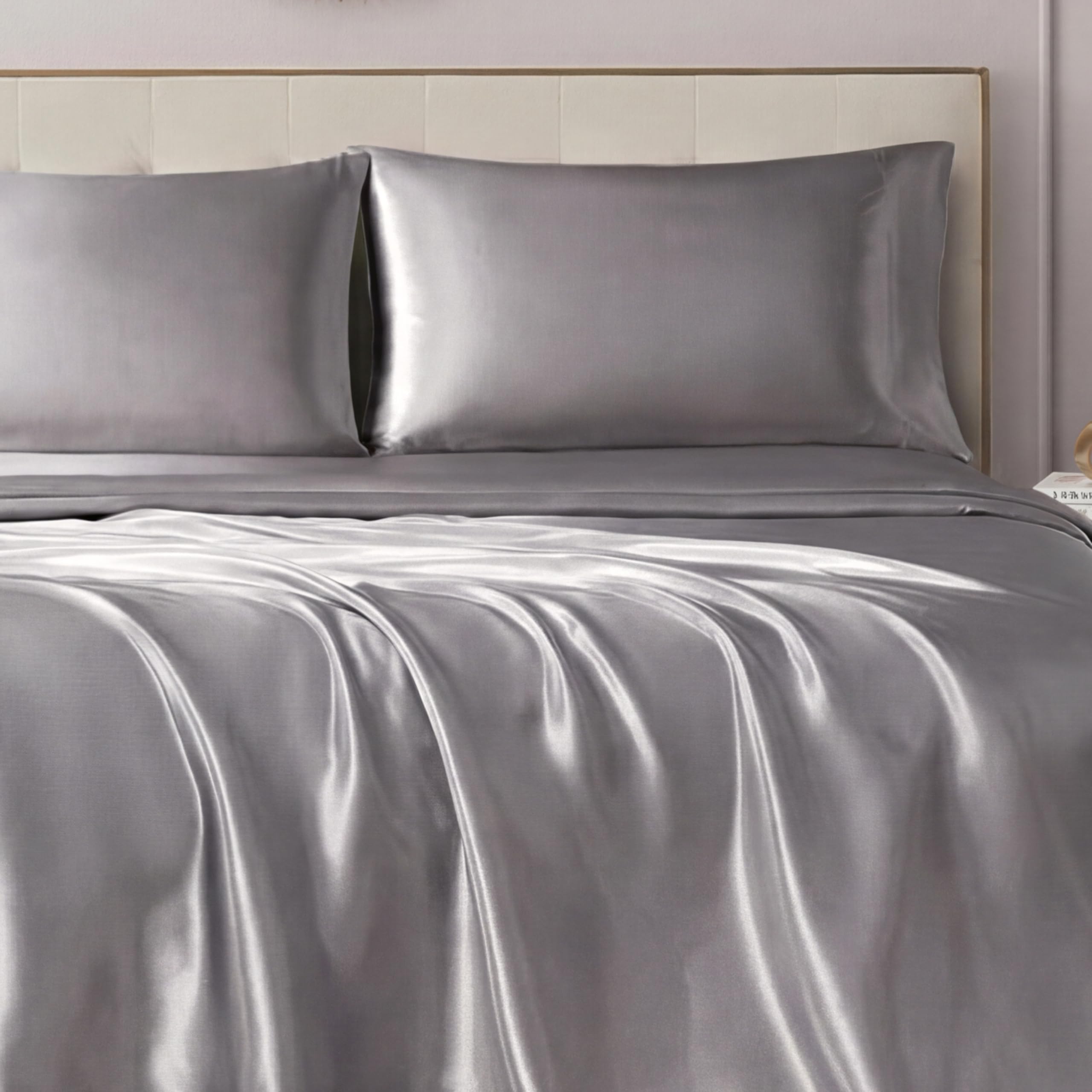 Juicy Couture Full Size Silky Satin Bed Sheet Set, Deep Pocket Satin Full Sheet Set with 1 Fitted Sheet, 1 Flat Sheet and 2 Pillowcases, Wrinkle Resistant &amp; Anti Pilling Bed Sheets - Silver Wisteria