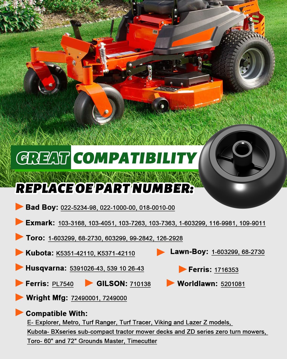 Kit de 2 ruedas anticuero cabelludo para cortacésped Exmark 103-3168 Toro 1-603299 Bad Boy 022-5234-98 (orificio de 5/8 pulgadas) | Juego completo con pernos, tuercas de bloqueo y arandelas