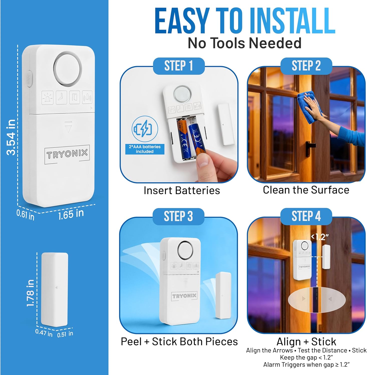 Door Alarms When Opened – 130 dB Loud Door & Window Alarm, 1.2” Wide Gap Sensor, Instant & Delay Alerts, 3 Volume Levels, AAA Batteries Included, Low Battery Alert, 4 Pack