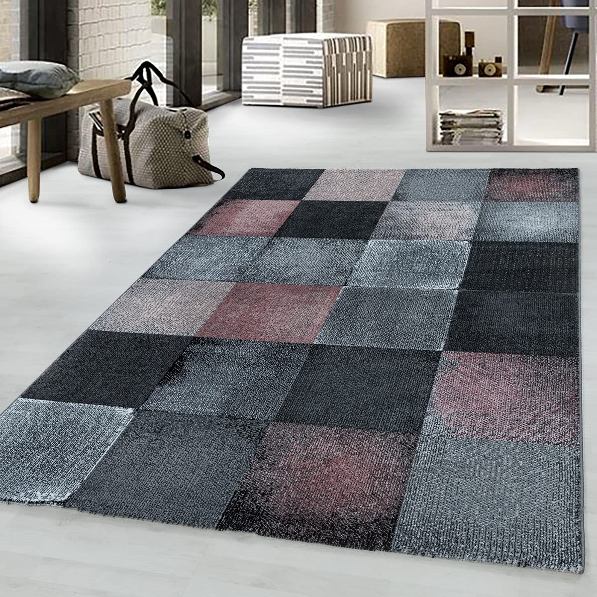 Tapis carré motif grille rose 120x170 cm pour décoration de salon et chambre