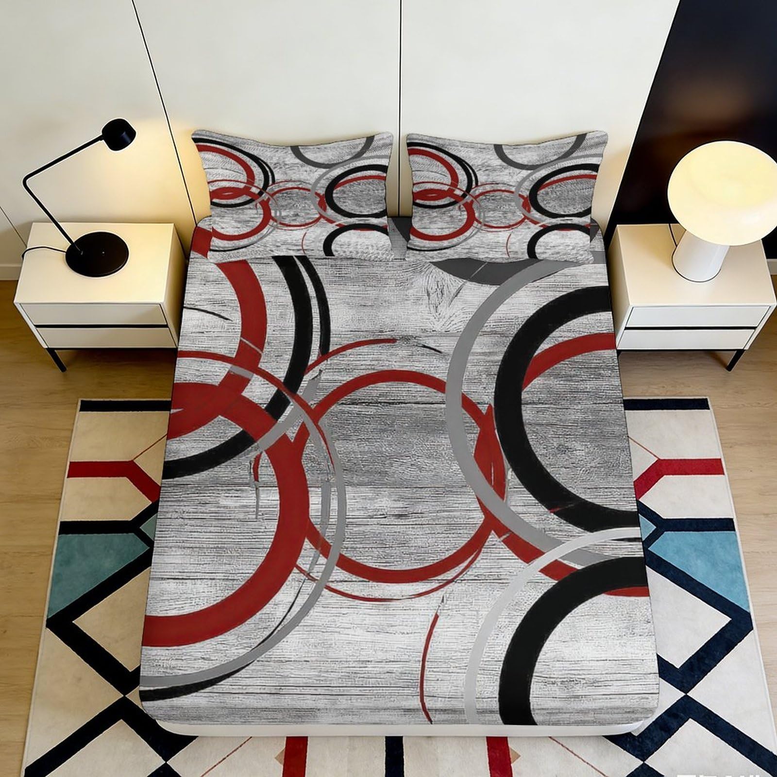 3D Printed Abstract Circles Fitted Sheet Microfiber Soft Breathable Geometric Bed Cover for Bedroom Dormitory Guest Room Mattress Protection Decor 90x200x25cm