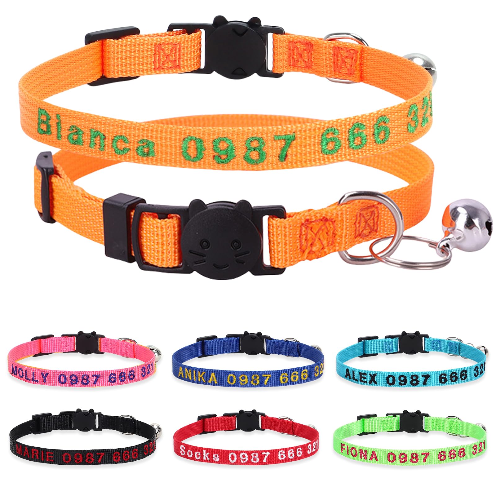 Personalized Cat Collars, Embroidered with Pet Name and Phone Number, Adjustable Nylon Breakaway Safety Release Buckle ID Collar,Custom Text with Bell for Cat or Kitten,Orange
