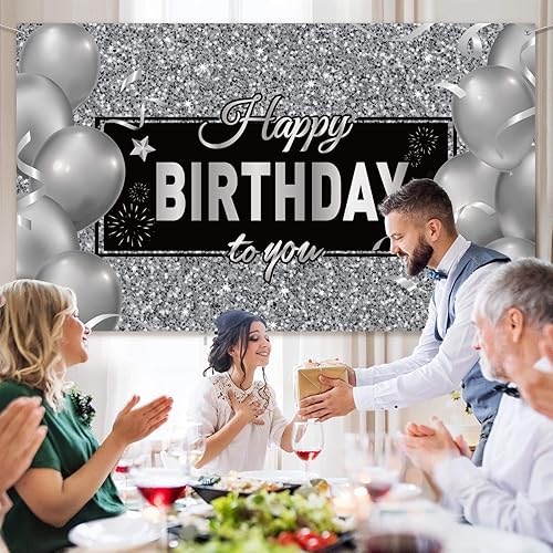 Miniatura 3 de Sumind Cartel de feliz cumpleaños negro y plateado para decoración de fiesta de cumpleaños para hombres y mujeres, suministros de decoración de
