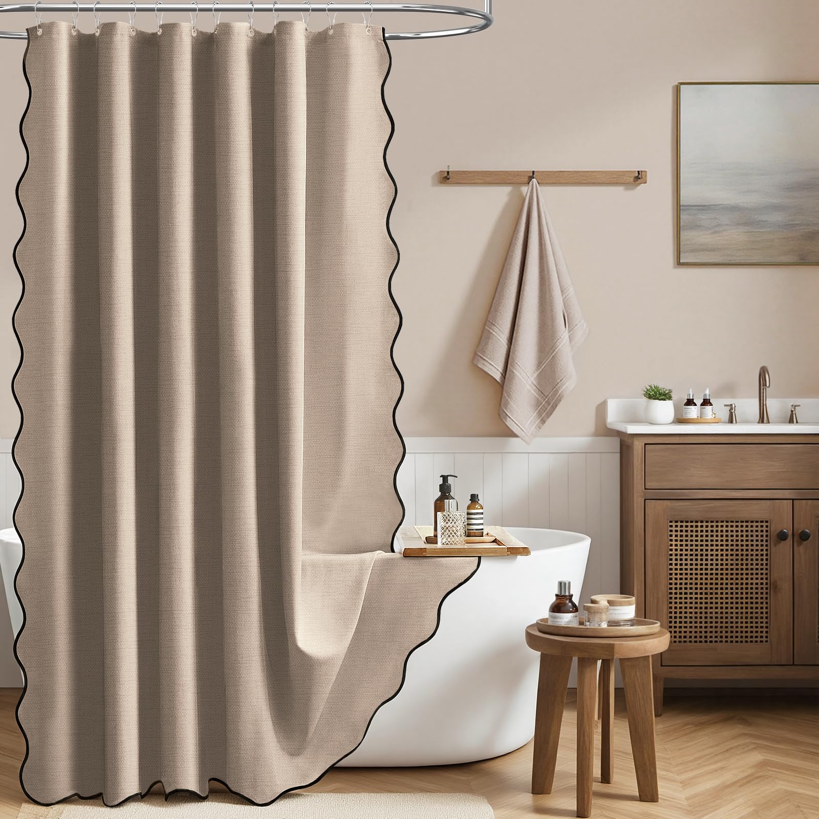 BTTN 184 x 215cm Tan Scalloped Shower Curtain, Extra Long Boho Linen Look Textured Bathroom Curtain, Anti-Mould & Waterproof, Weighted Shower Curtain Set with 12 Plastic Hooks, Taupe/Khaki